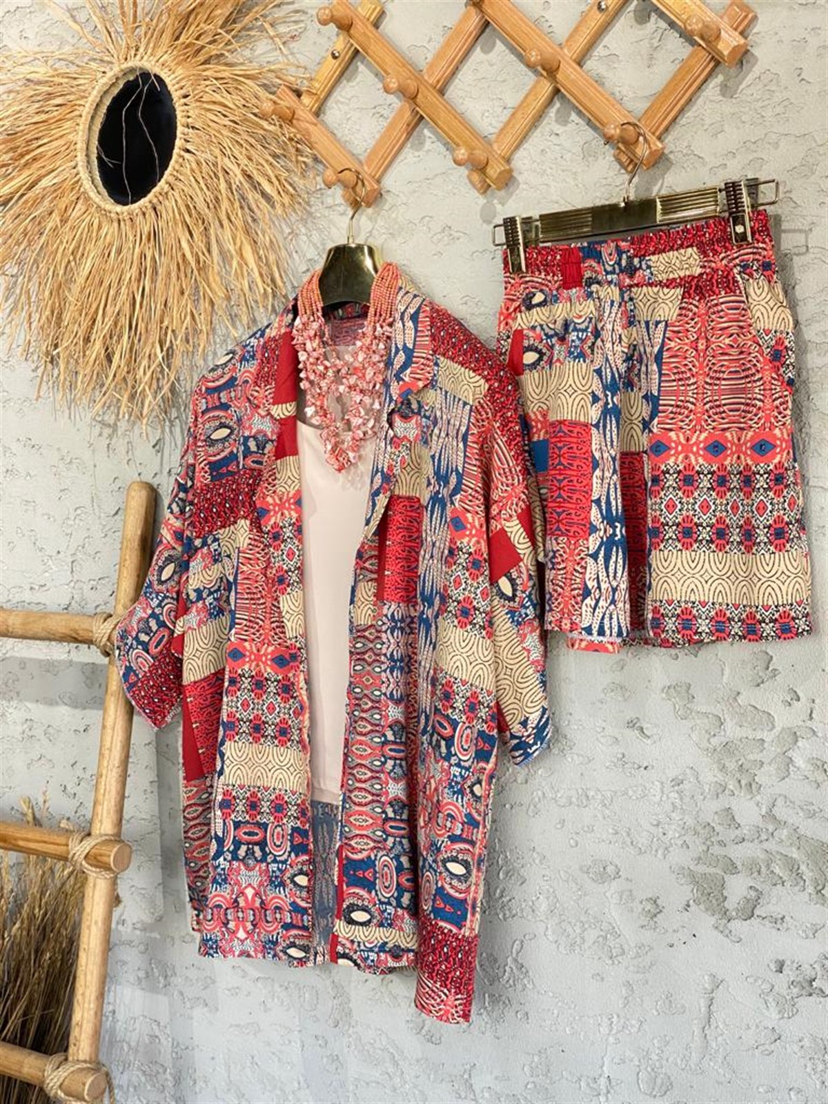 Etnik Desenli Kimono Şort Takım
