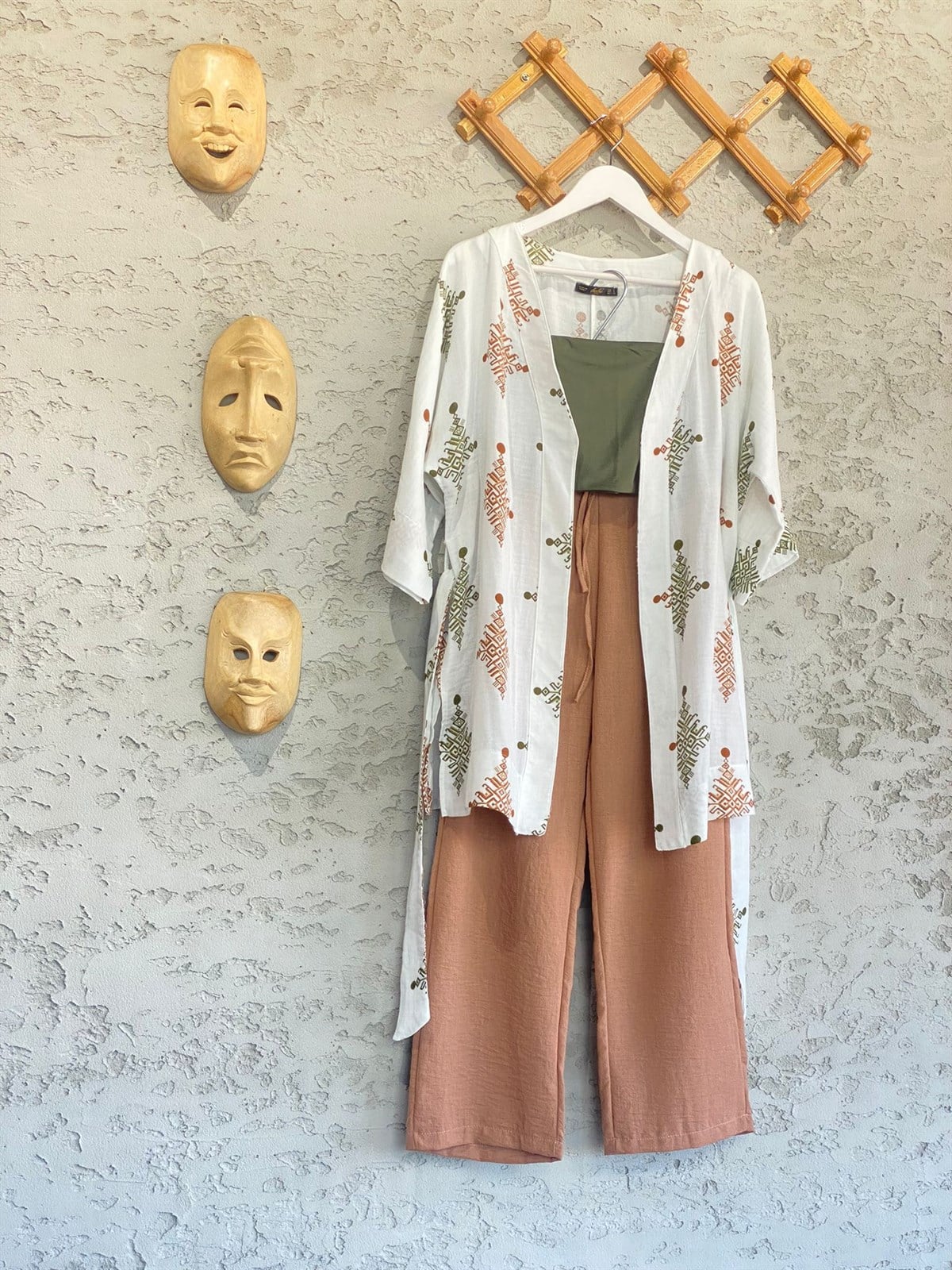 Etnik Desenli Kimono Ve Pantolon Takım (Kiremit)