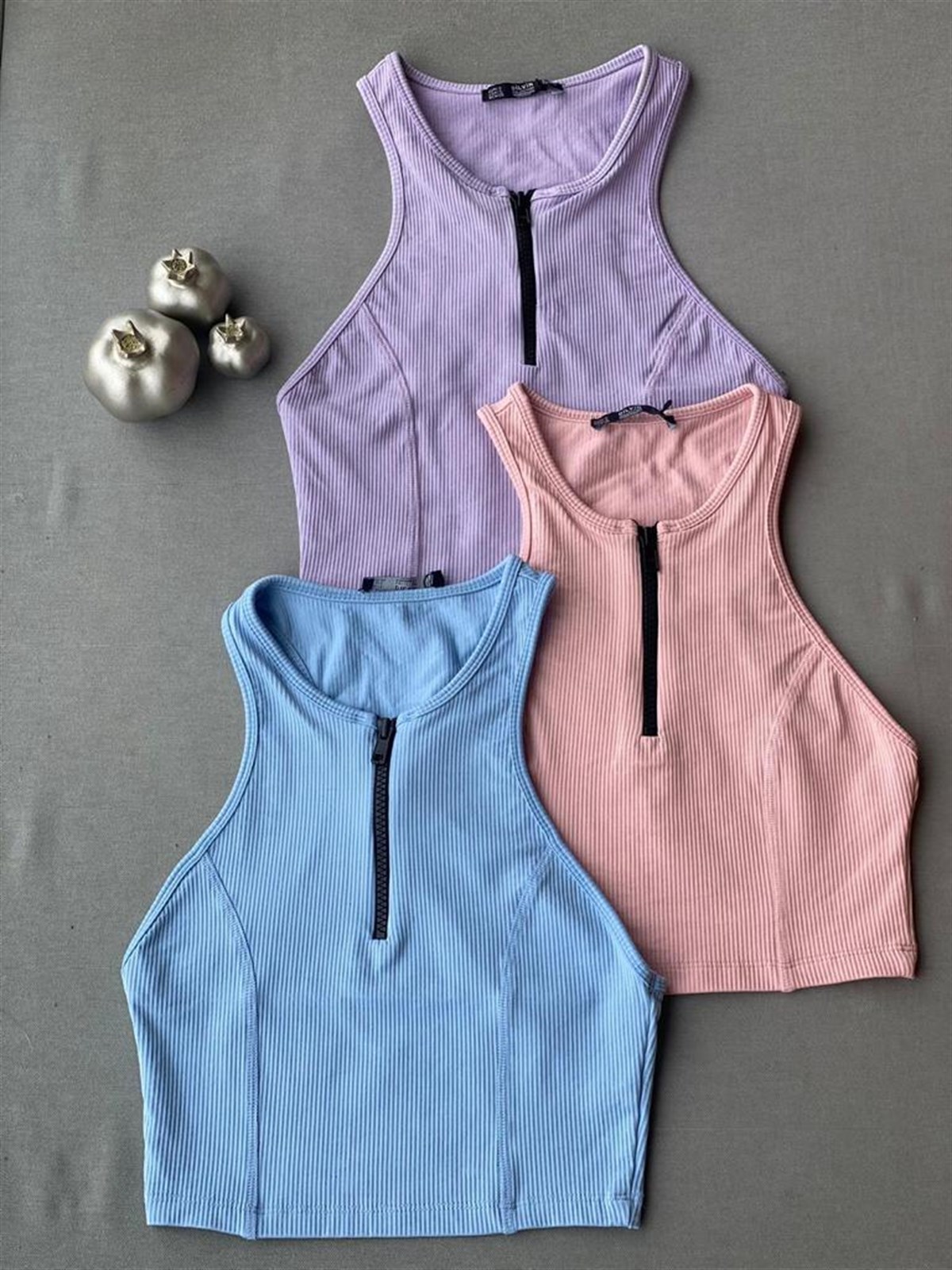 Fitilli Fermuar Detaylı Crop (Mavi & Pembe & Lila))