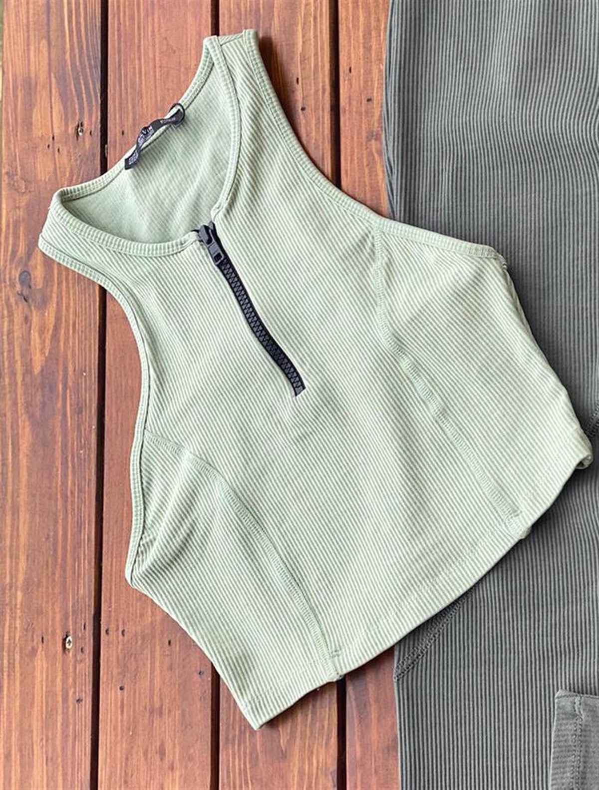 Fitilli Fermuar Detaylı Crop (Mint)
