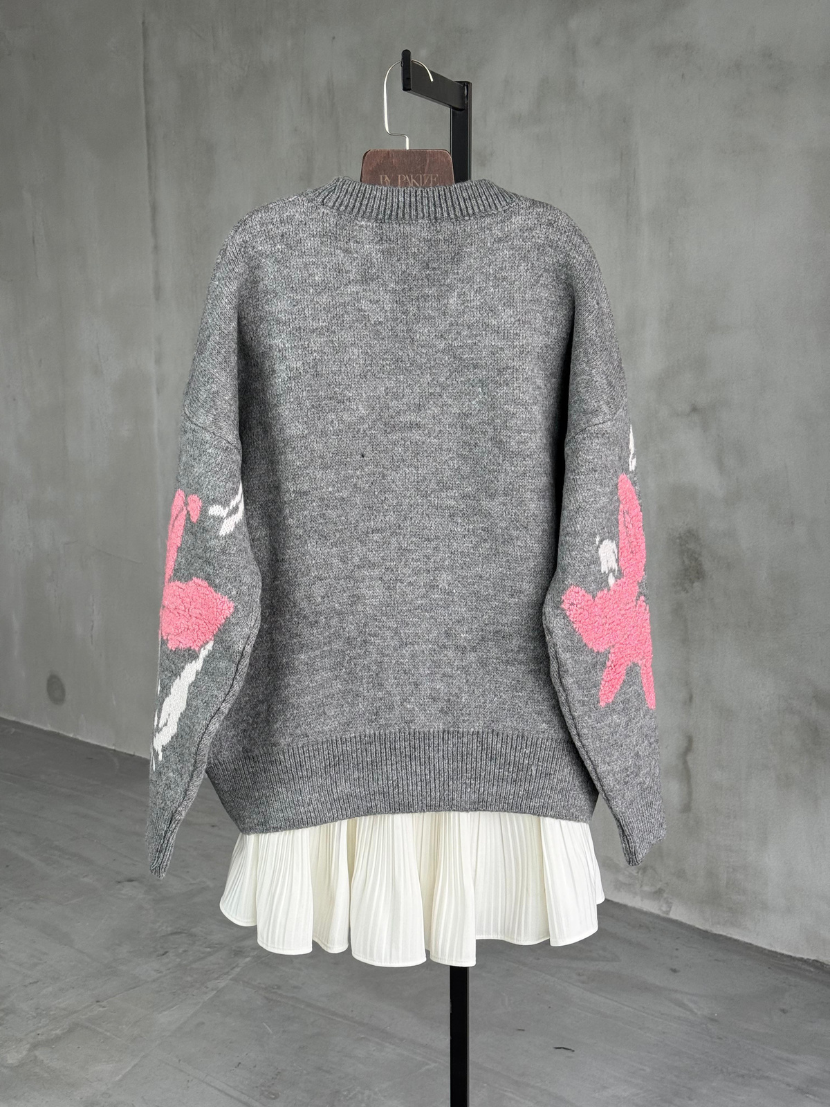 Floral Çiçek Desenli Tasarım Kazak (Pembe) 