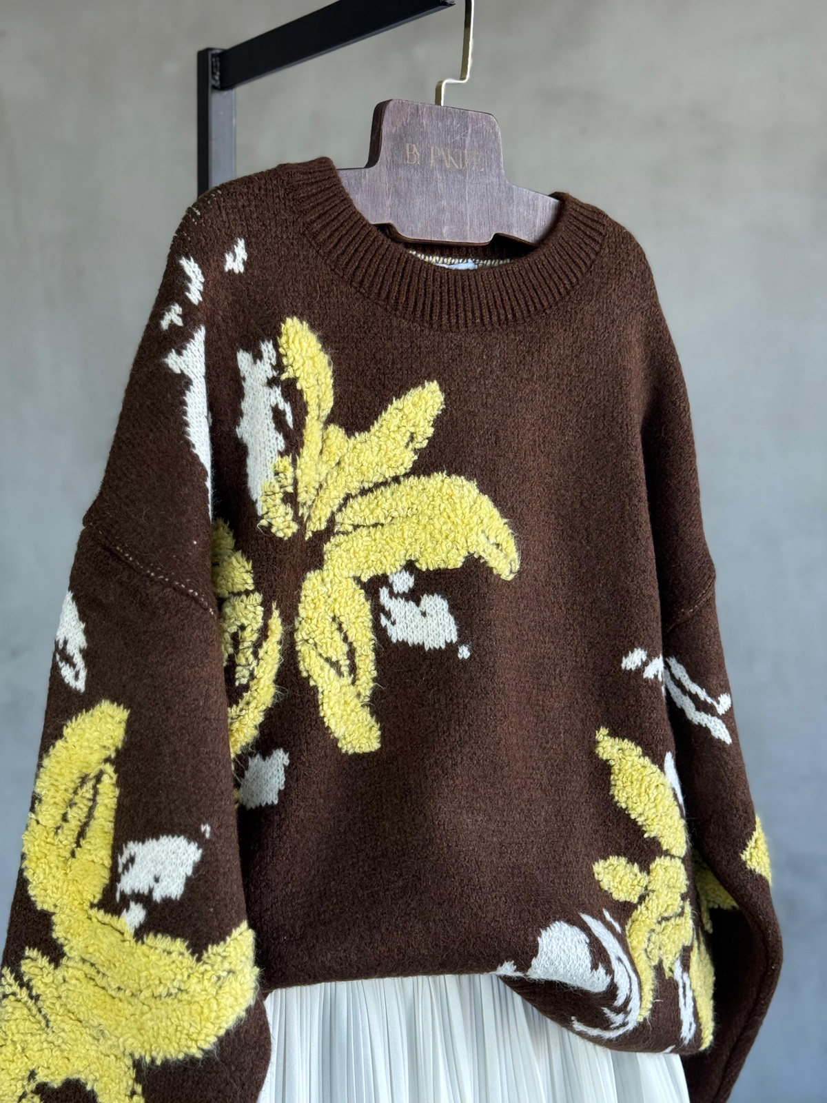 Floral Çiçek Desenli Tasarım Kazak (Sarı)