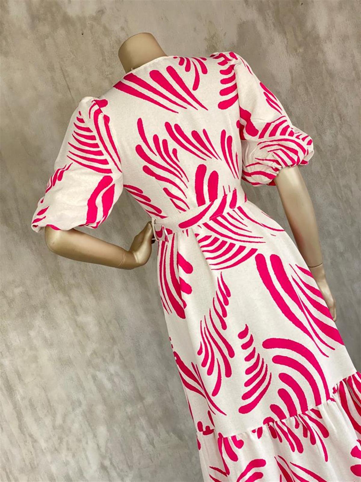 Fuşya  Desenli Düğme Detaylı Elbise (Taş)