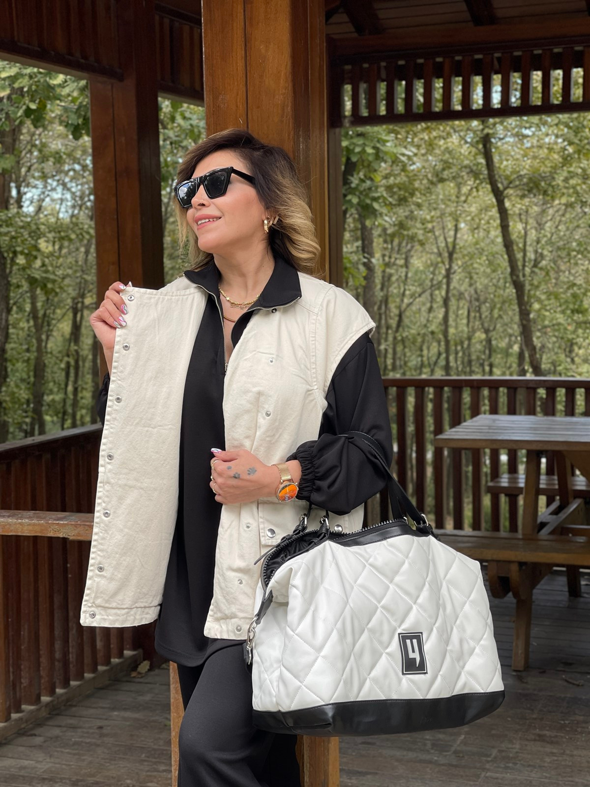 Gabardin Çıtçıtlı Tasarım Yelek (Ekru)