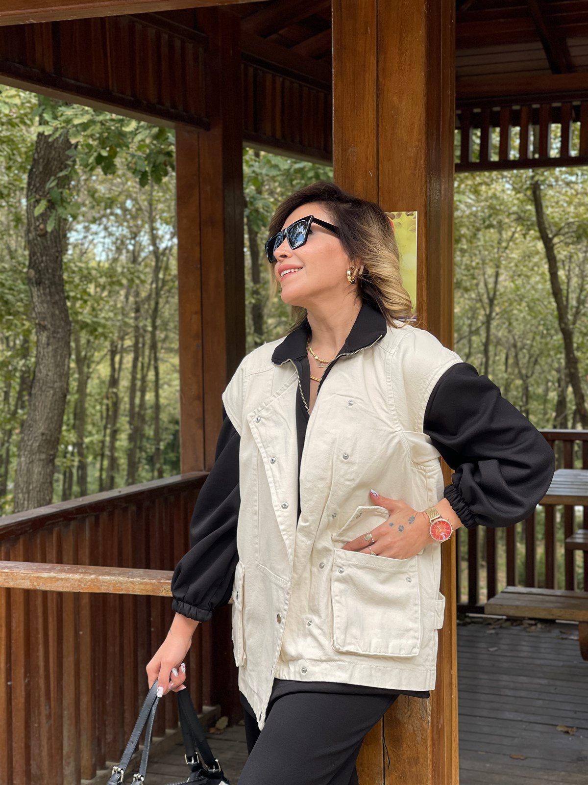Gabardin Çıtçıtlı Tasarım Yelek (Ekru)