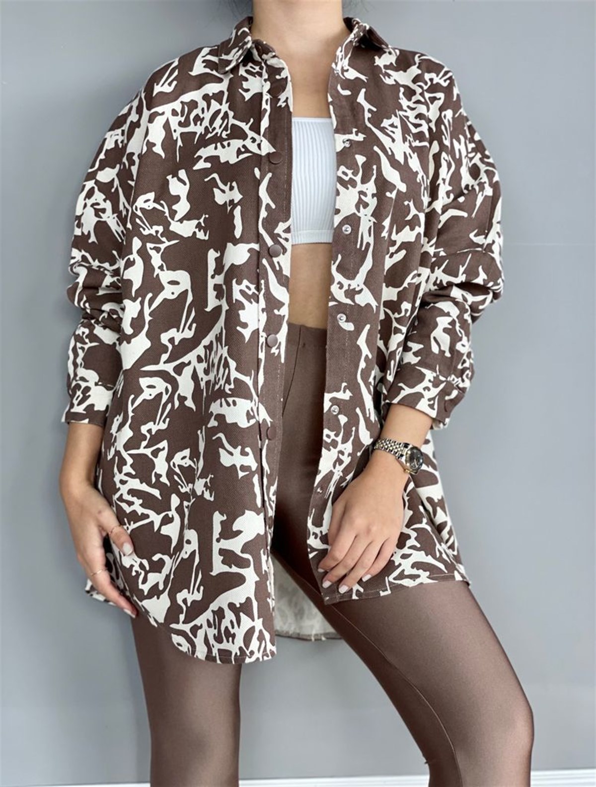 Gabardin Kumaş Desenli Oversize Gömlek