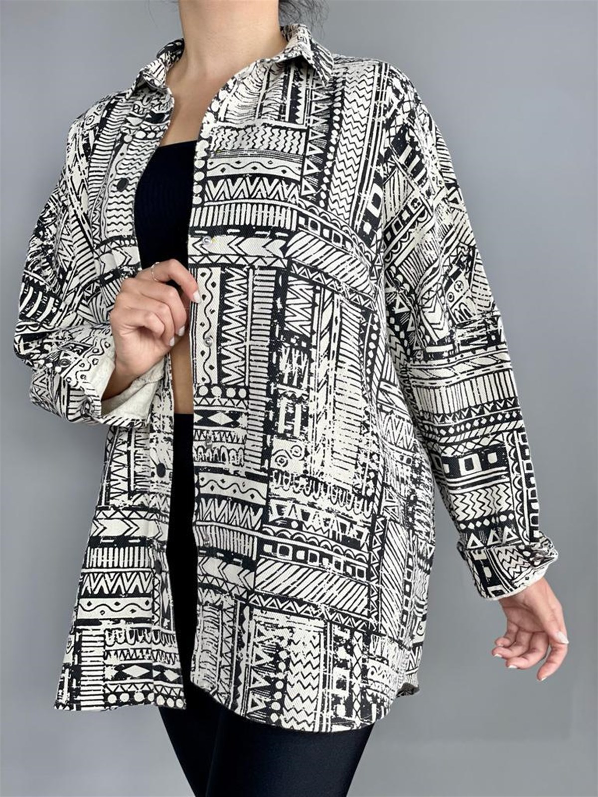 Gabardin Kumaş Desenli Oversize Gömlek