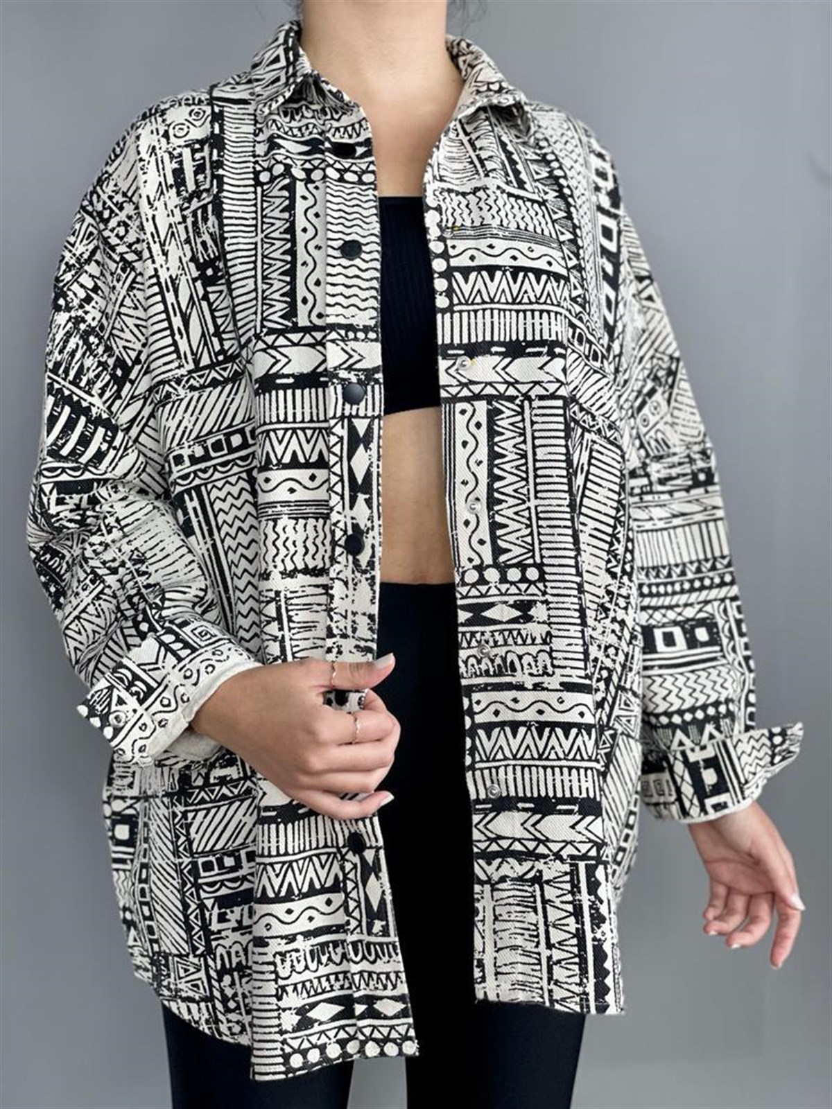Gabardin Kumaş Desenli Oversize Gömlek
