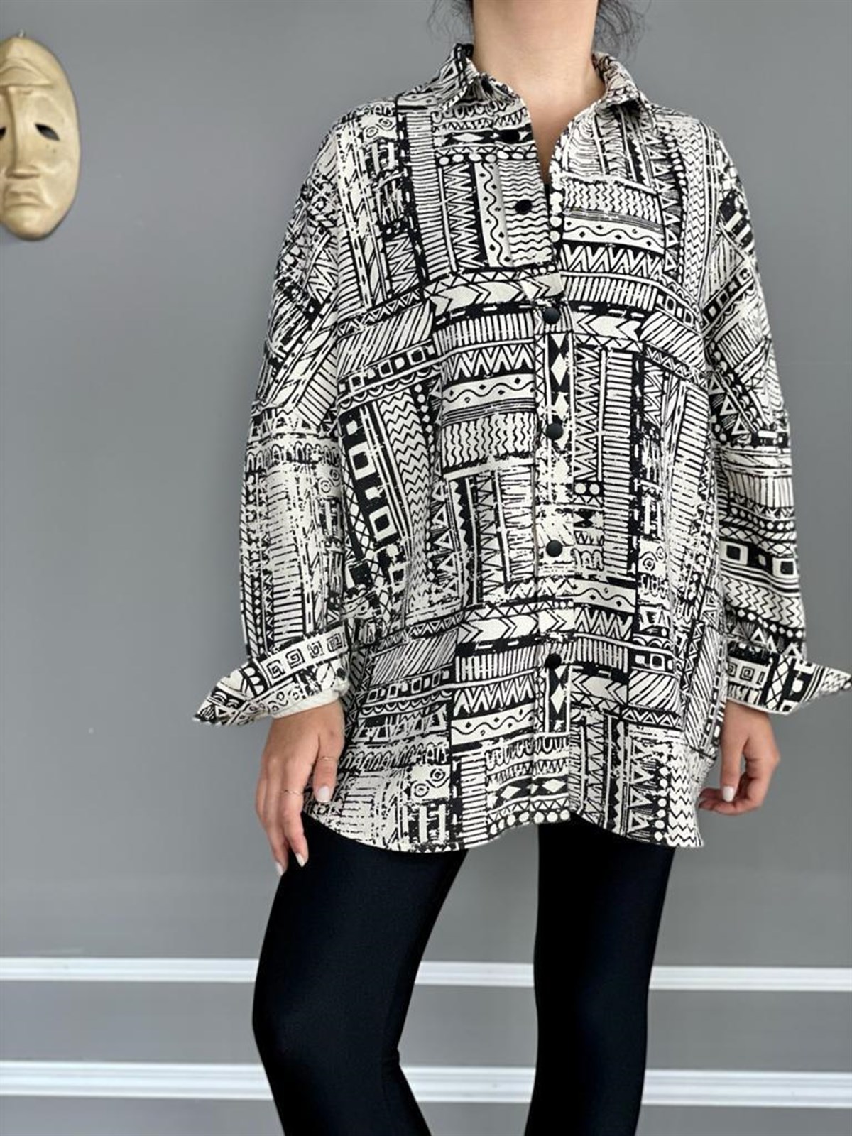 Gabardin Kumaş Desenli Oversize Gömlek