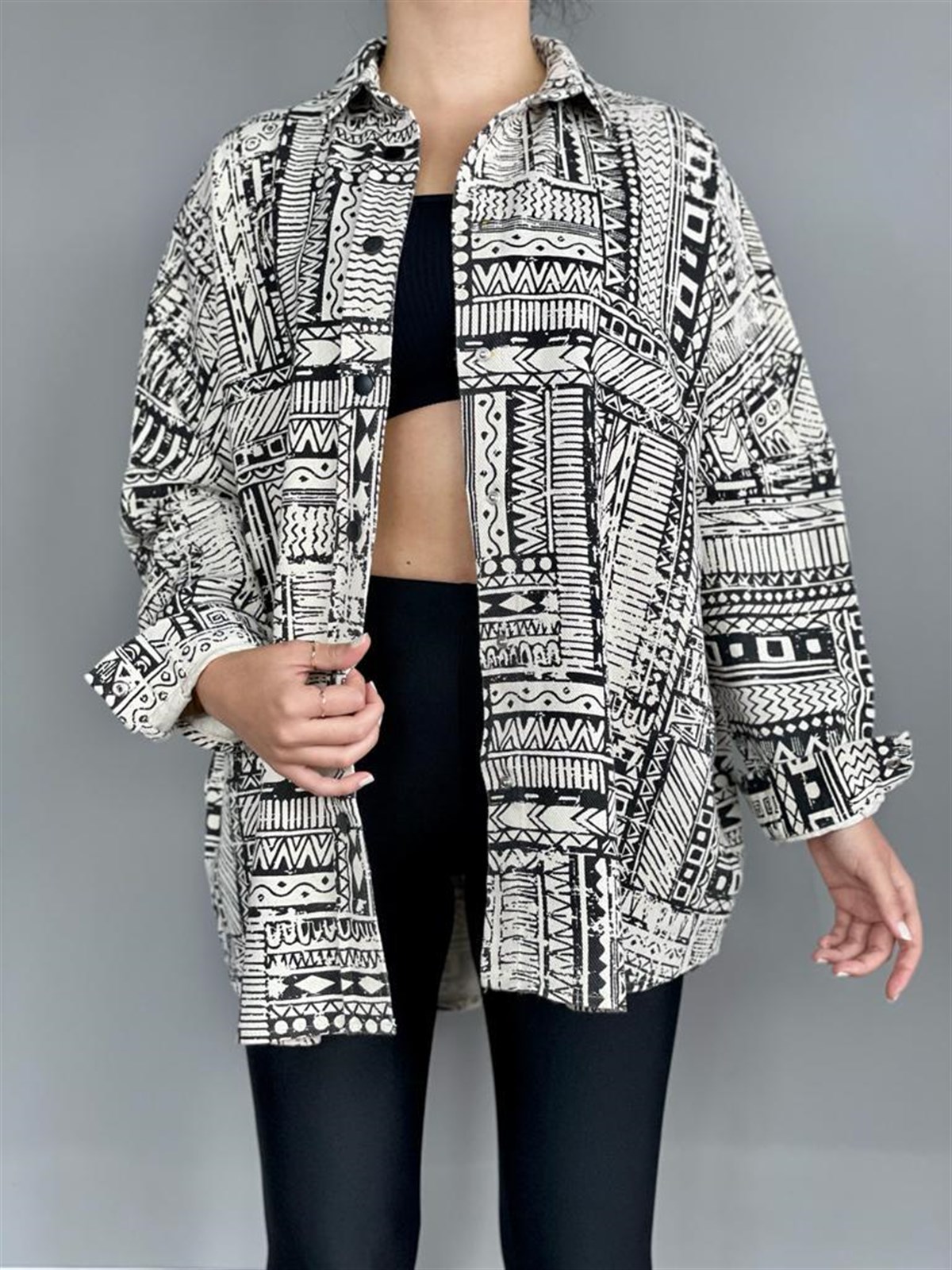 Gabardin Kumaş Desenli Oversize Gömlek
