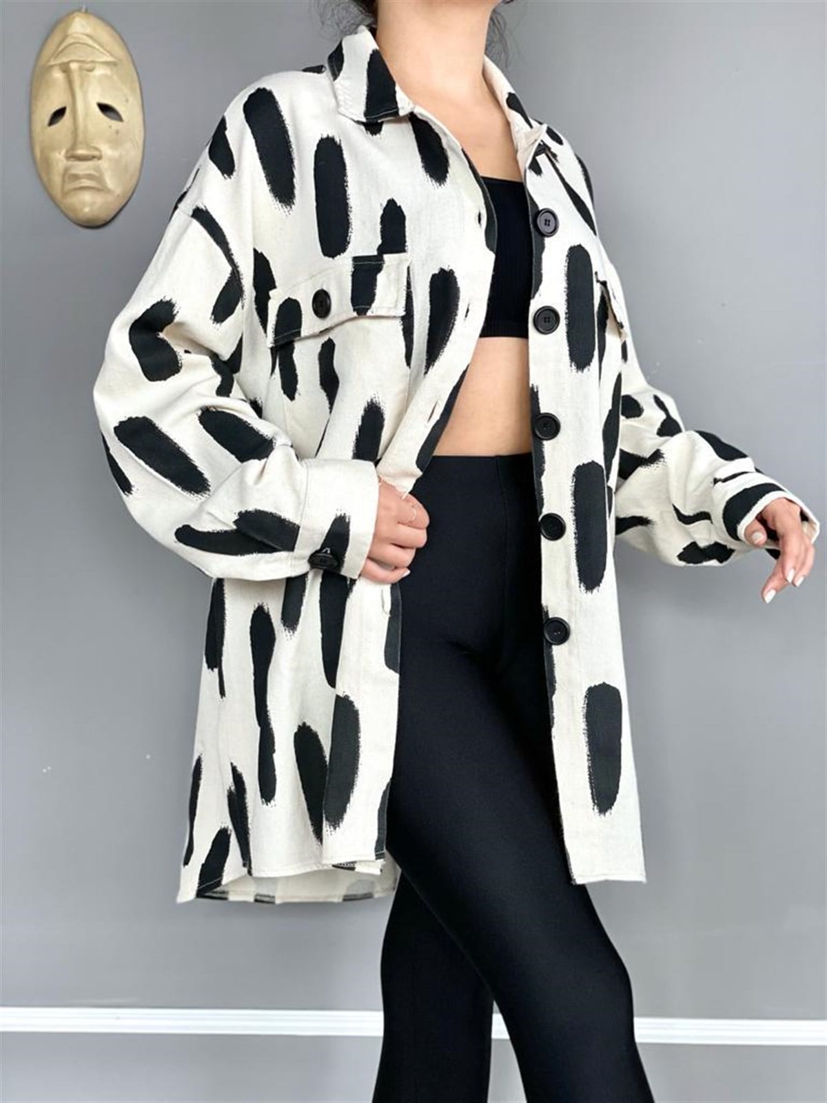Gabardin Kumaş Fırça Desenli Oversize Gömlek