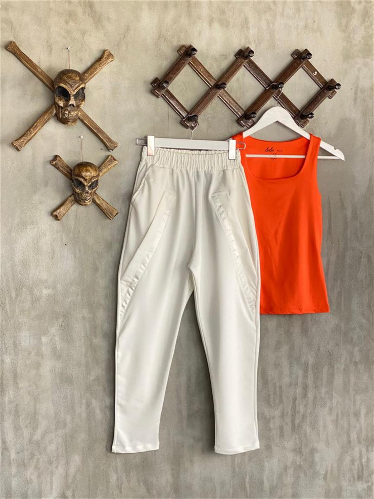 Garnili Tasarım Model Cepli Pantolon (Beyaz)