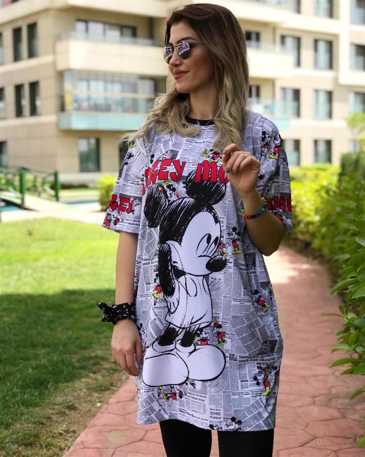 Gazete Desen Mickey Mouse Tunik Elbise