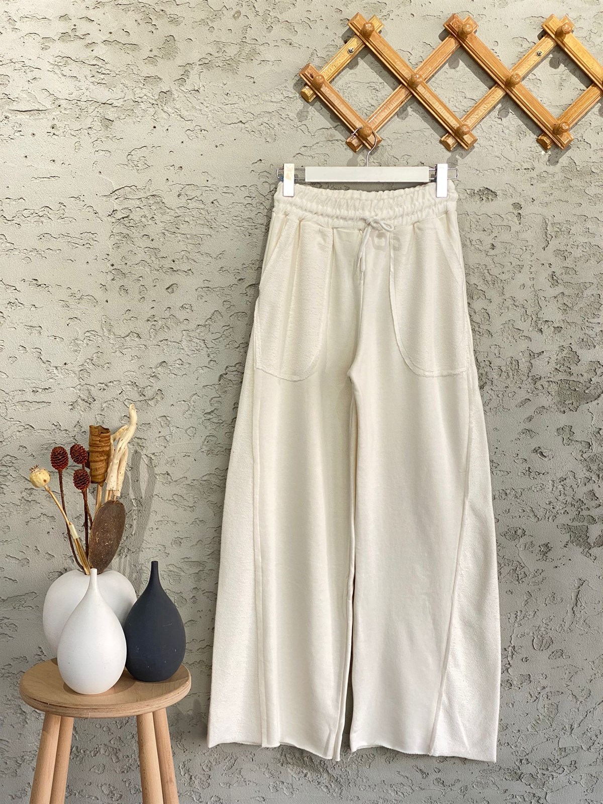 Geniş Paça İkiiplik Sweat Kumaş Pantolon (Beyaz)