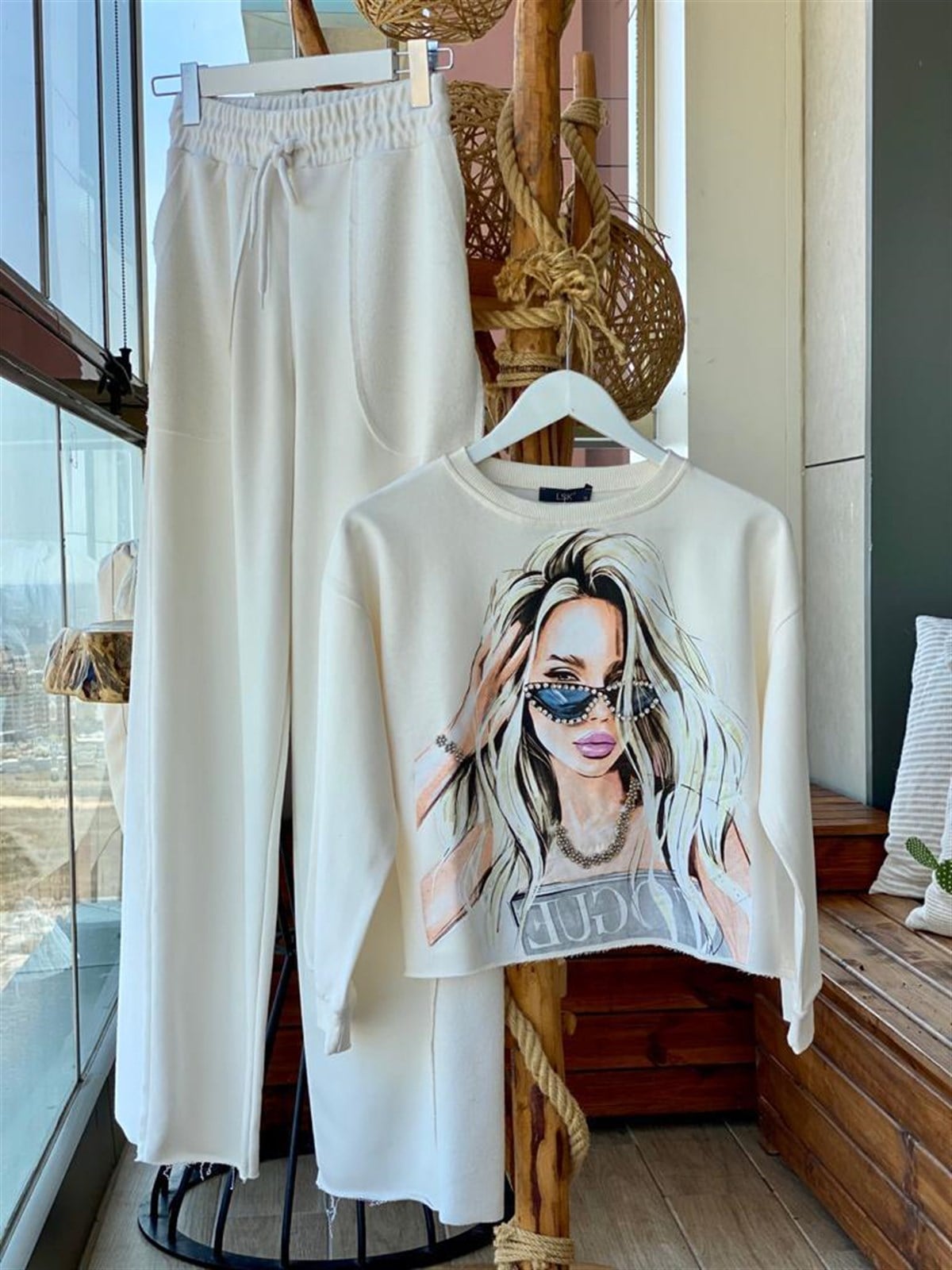Geniş Paça İkiiplik Sweat Kumaş Pantolon (EKRU)