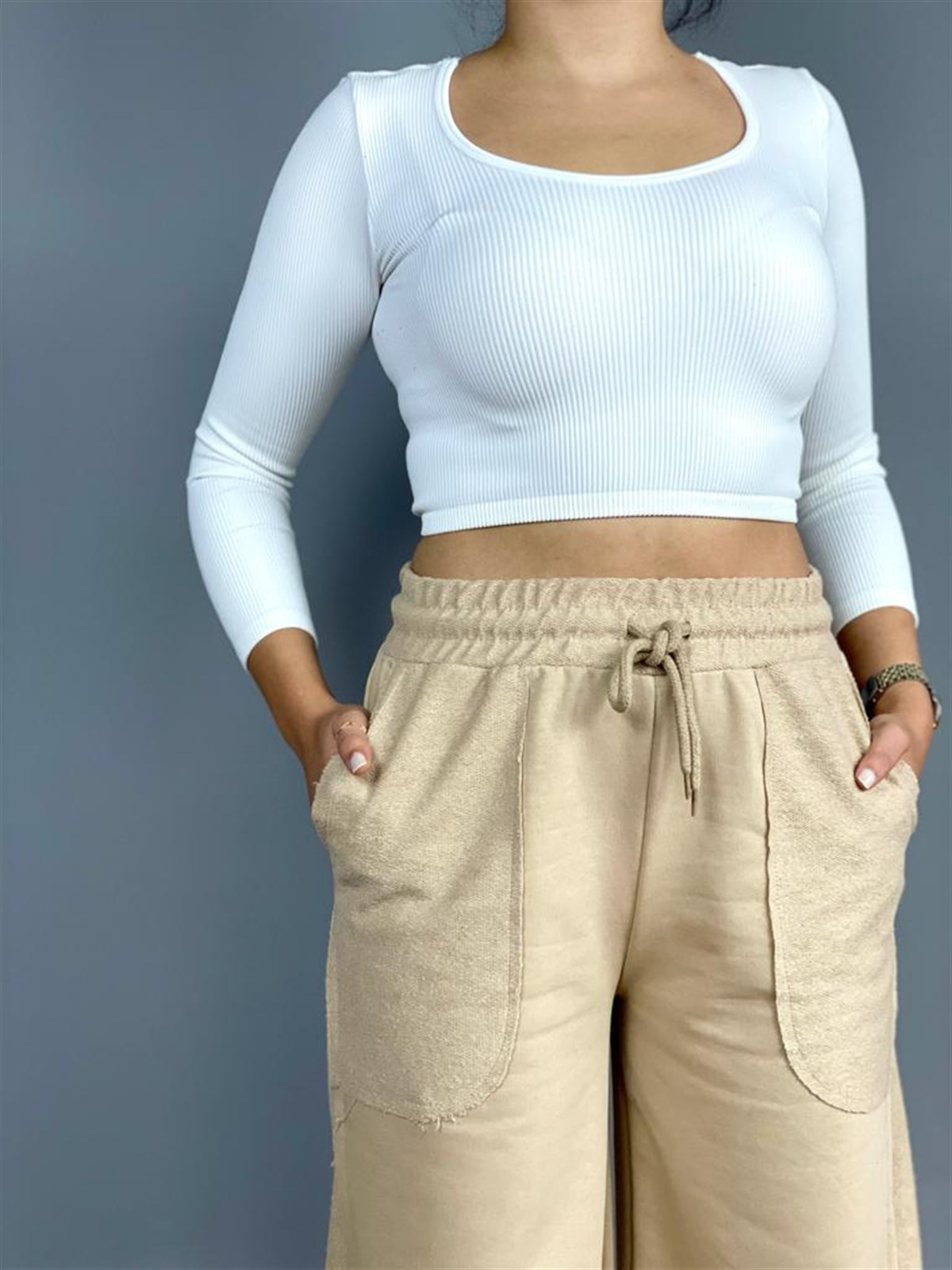 Geniş Paça İkiiplik Sweat Kumaş Pantolon (CAMEL)