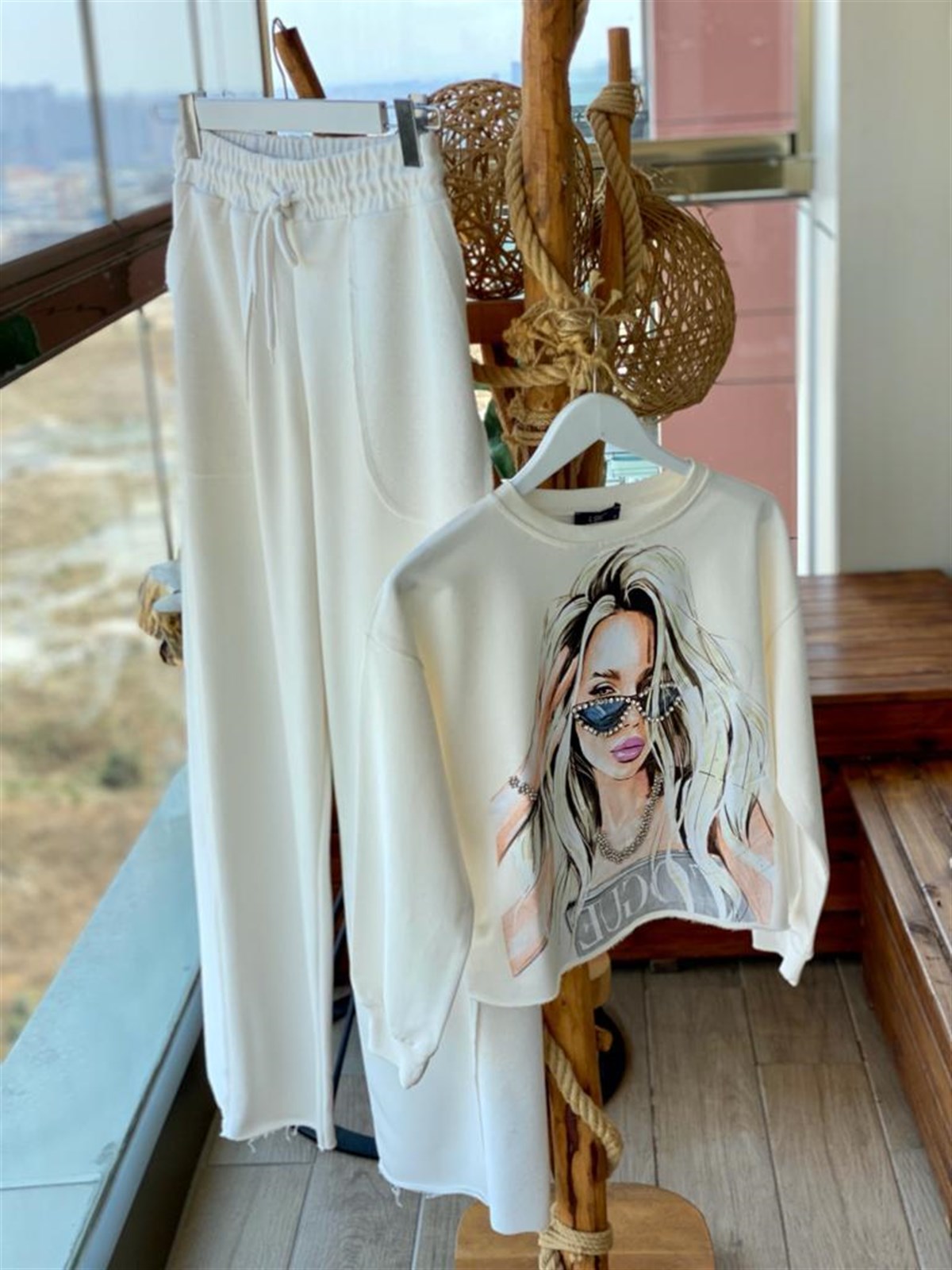 Geniş Paça İkiiplik Sweat Kumaş Pantolon (EKRU)