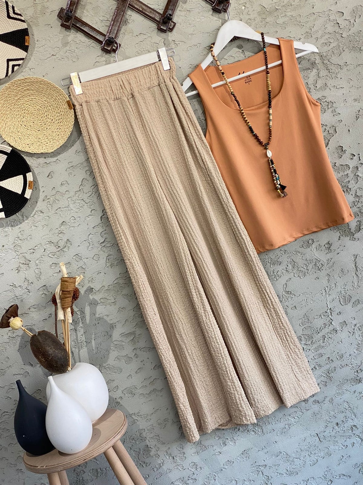 Gofre Kumaş Beli Lastikli Bol Paça Pantolon (Bej)