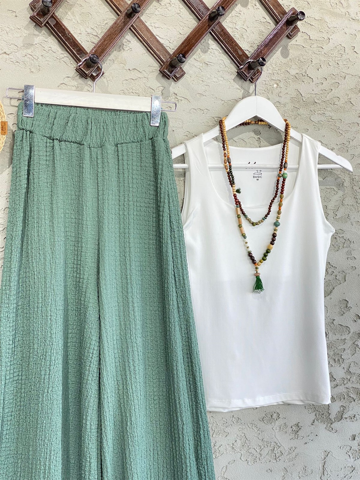 Gofre Kumaş Beli Lastikli Bol Paça Pantolon (Mint)