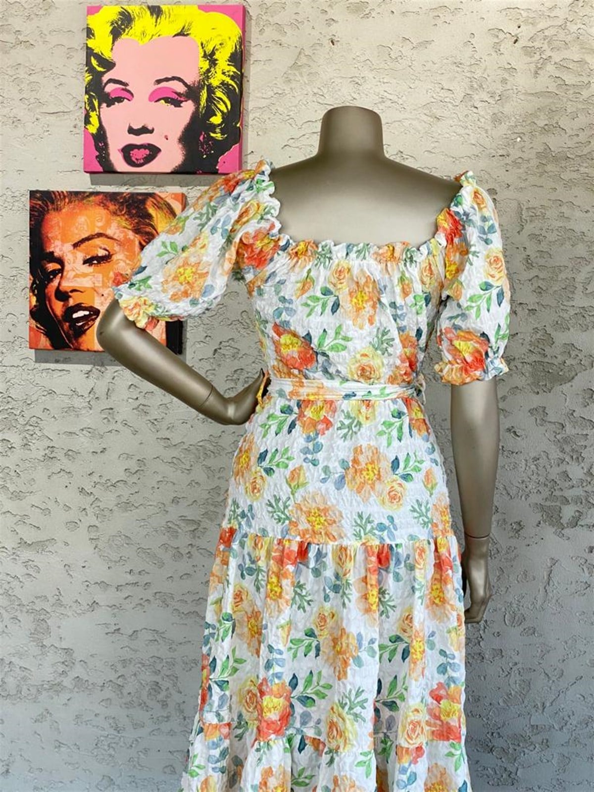 Gofre Kumaş Madonna Yaka Midi Elbise