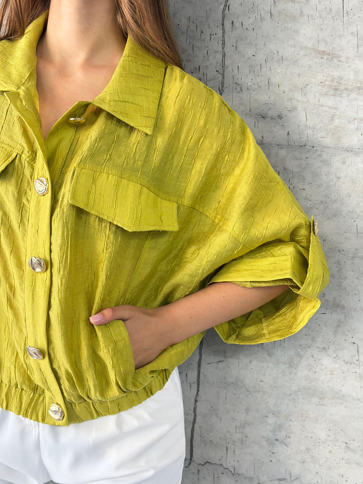 Gold Düğme Detaylı Premium Bomber Gömlek Ceket(Yağ yeşili)