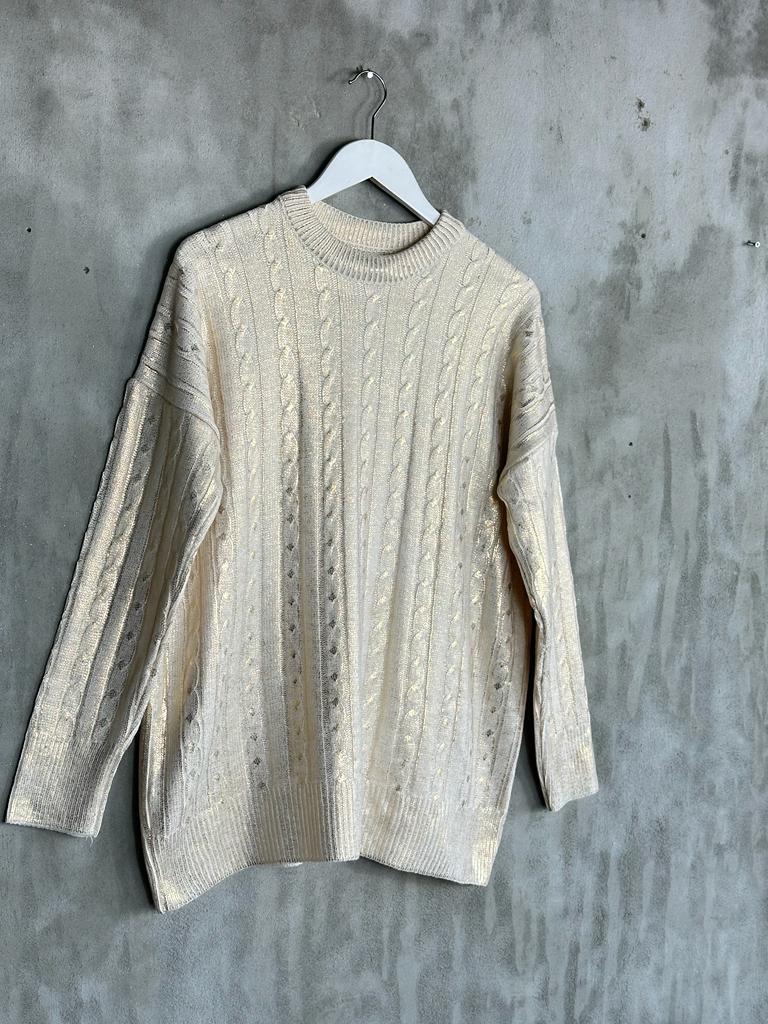 Gold Varaklı Tunik Boy Kadın Kazak (Bej)