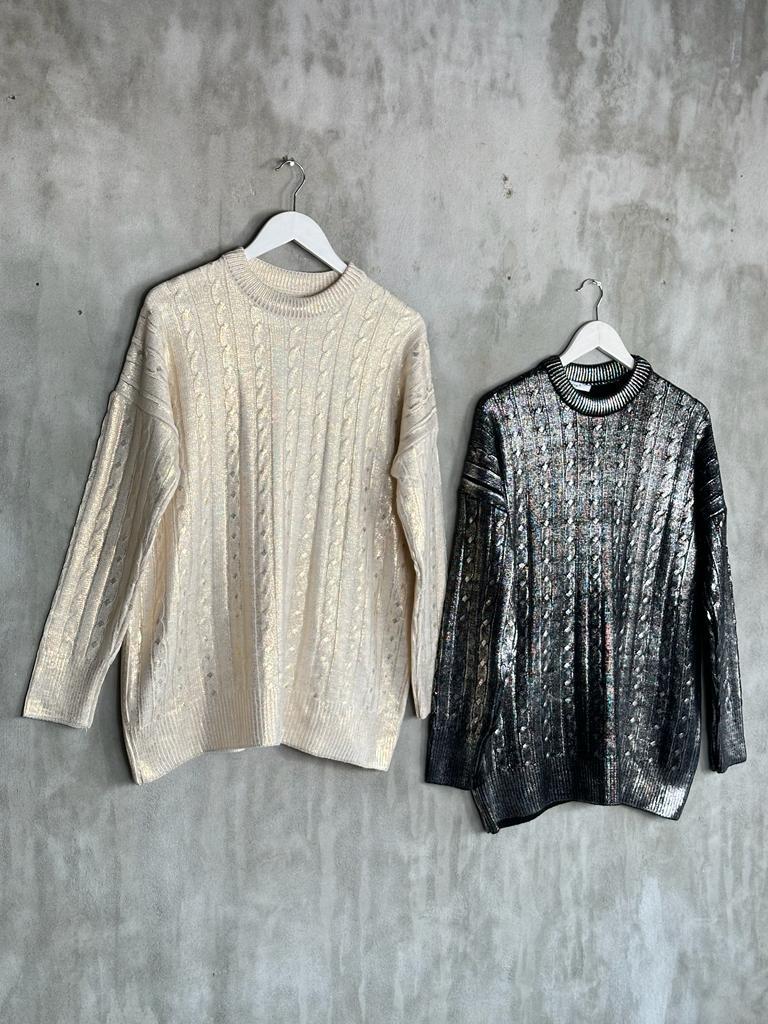 Gold Varaklı Tunik Boy Kadın Kazak (Bej)