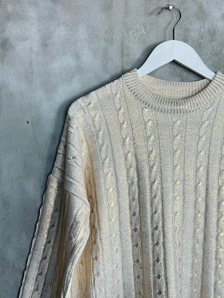 Gold Varaklı Tunik Boy Kadın Kazak (Bej)