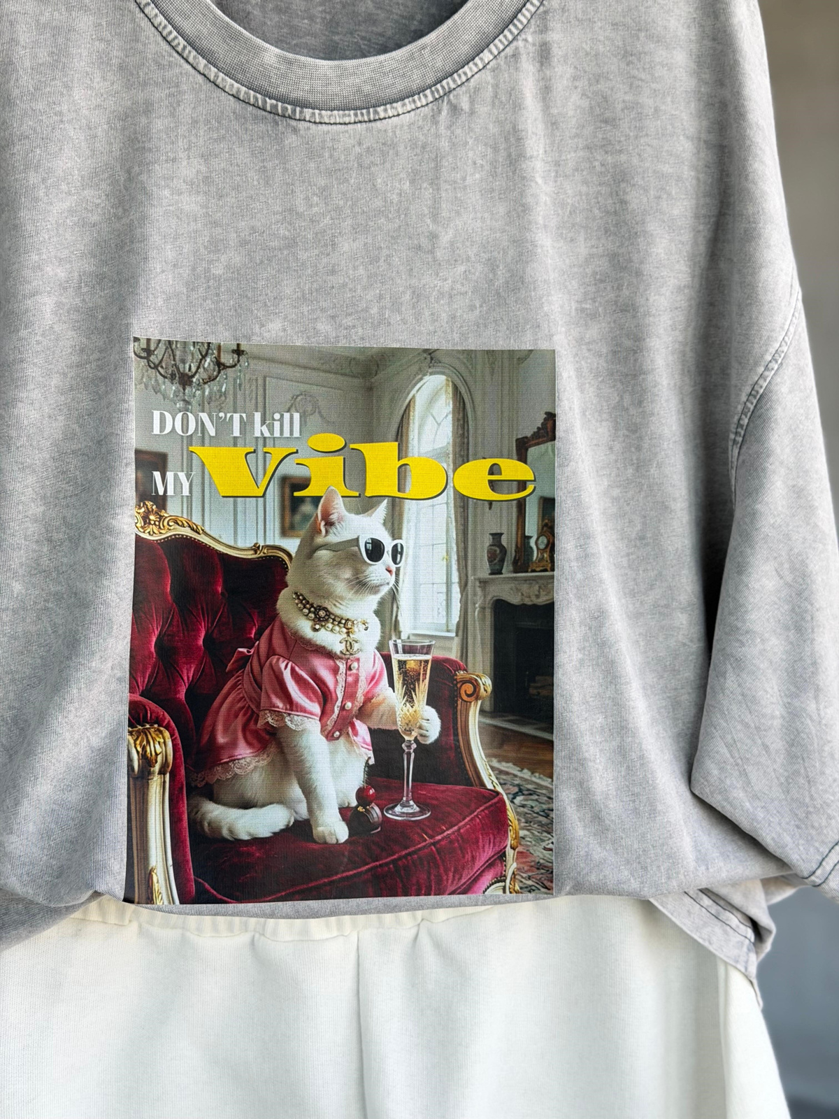 Gözlüklü Kedi Baskılı Oversize Tişört (Gri)