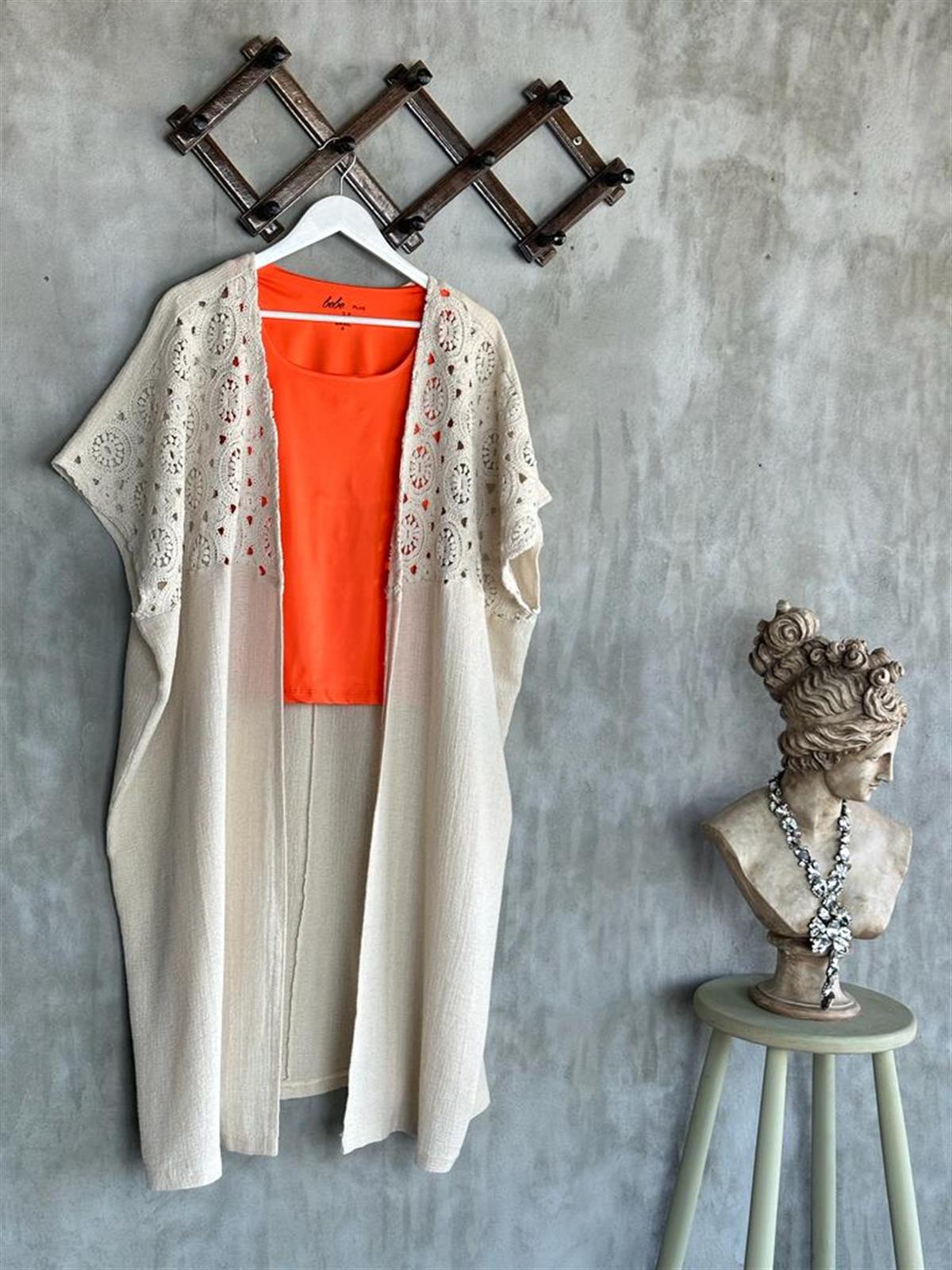 Güpür Dantelli Uzun Naturel Kaftan (Bej)