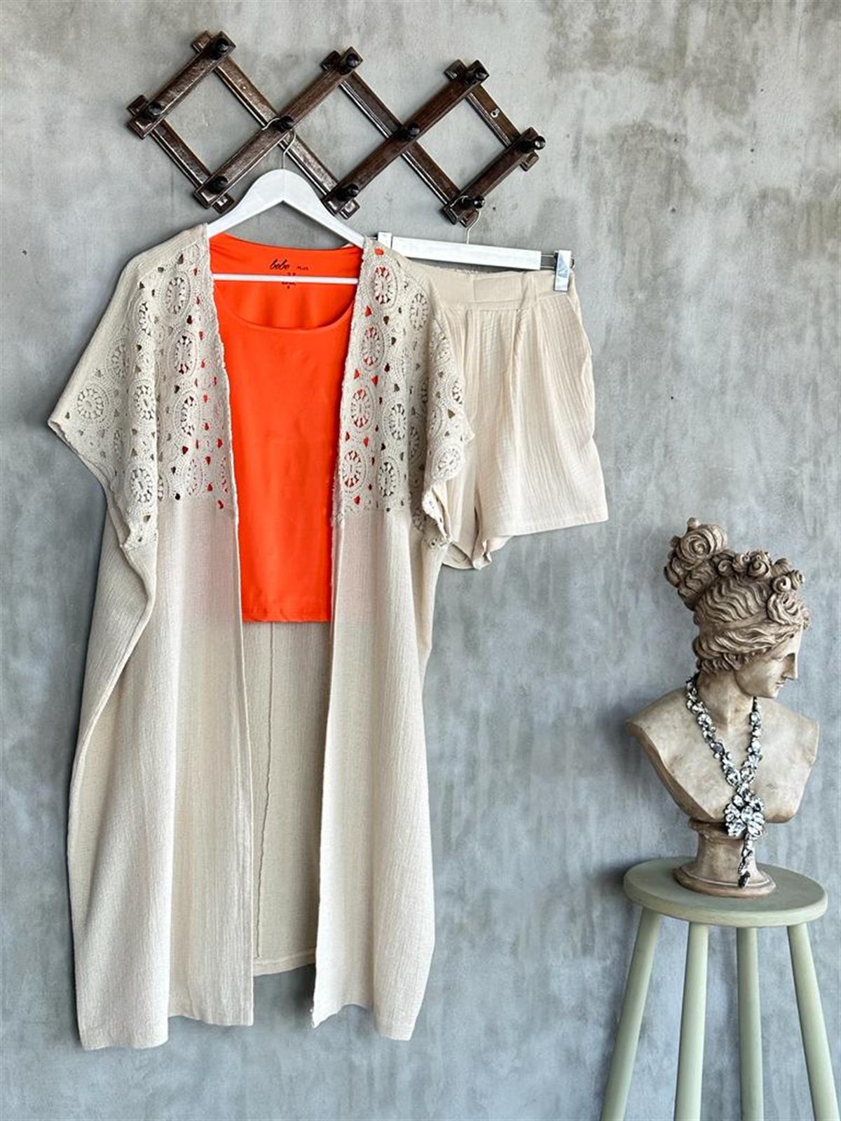 Güpür Dantelli Uzun Naturel Kaftan (Bej)