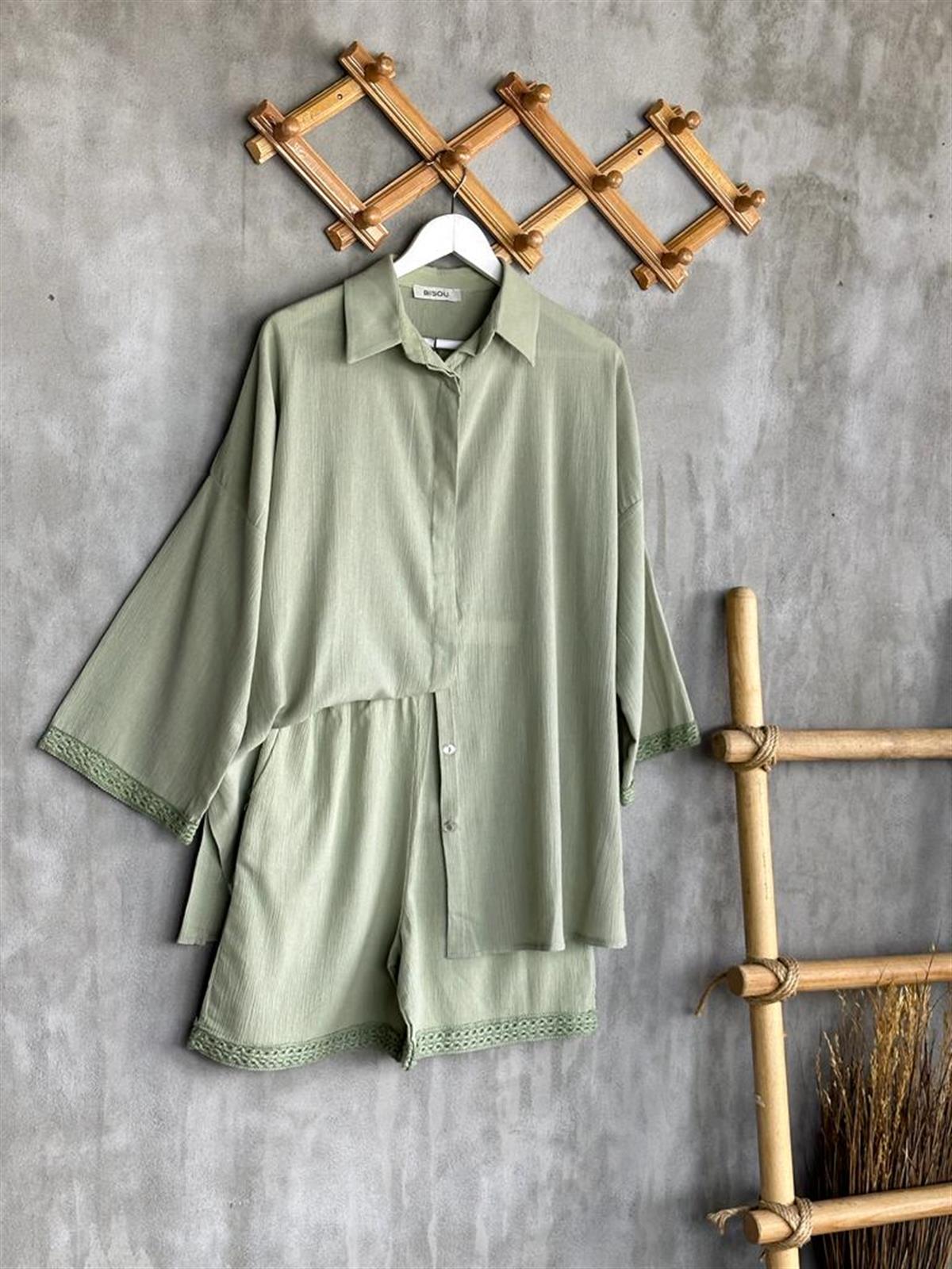 Güpür Detaylı Şortlu Müslin Kumaş Gömlek Takım (Mint)