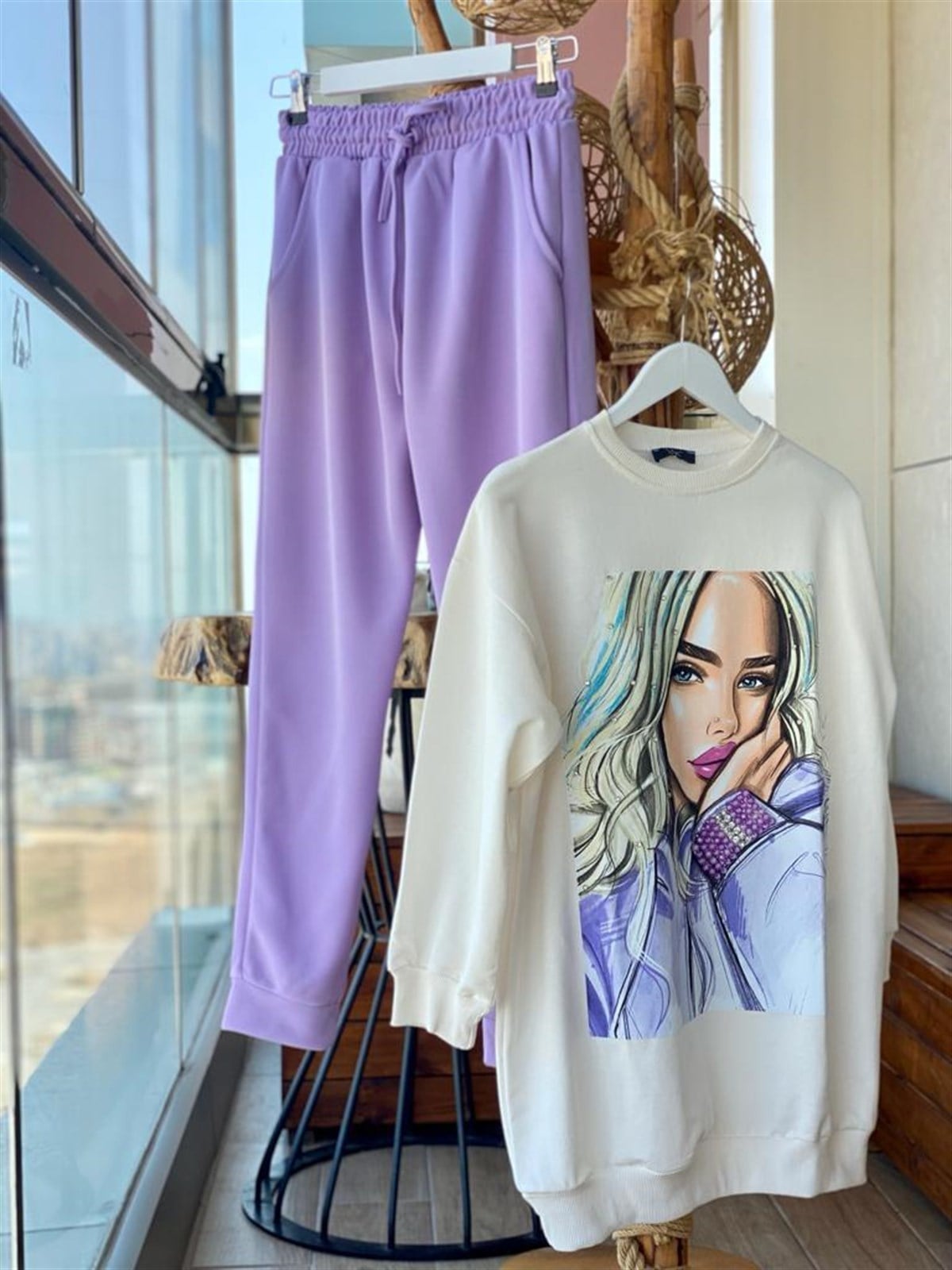 Hafif Simli Yüksek Bel Eşofman Pantolon (Lila)