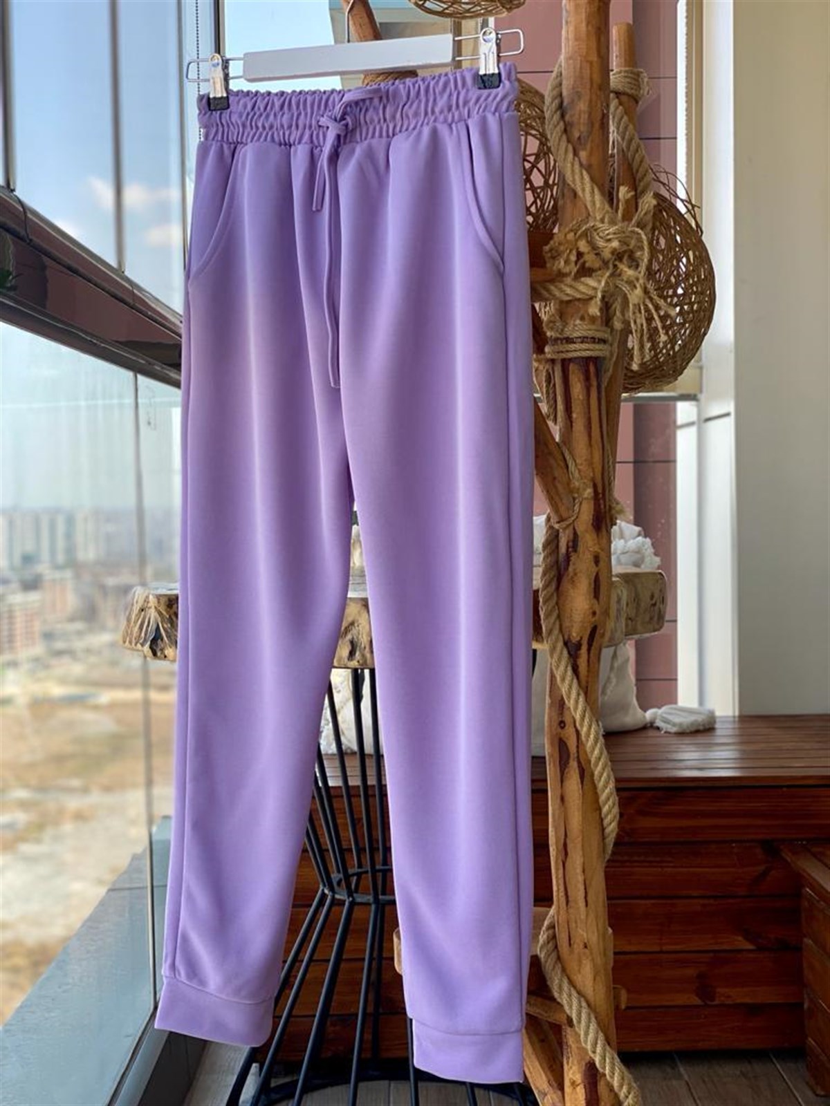 Hafif Simli Yüksek Bel Eşofman Pantolon (Lila)