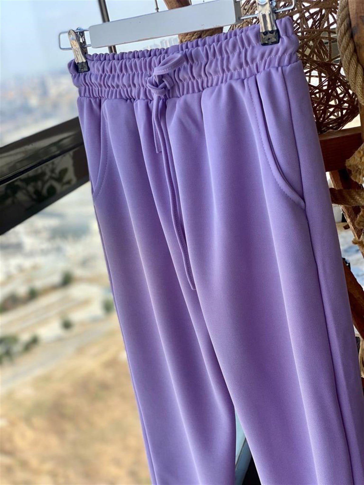 Hafif Simli Yüksek Bel Eşofman Pantolon (Lila)