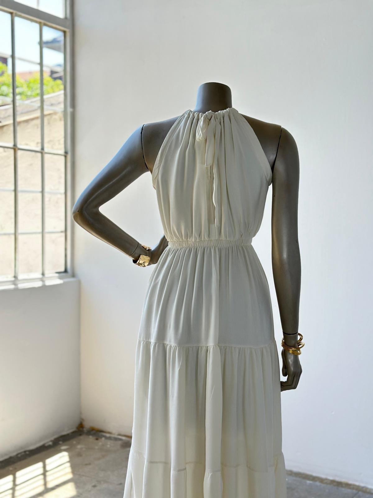 Halter Yaka Belden Lastikli Elbise (Ekru)