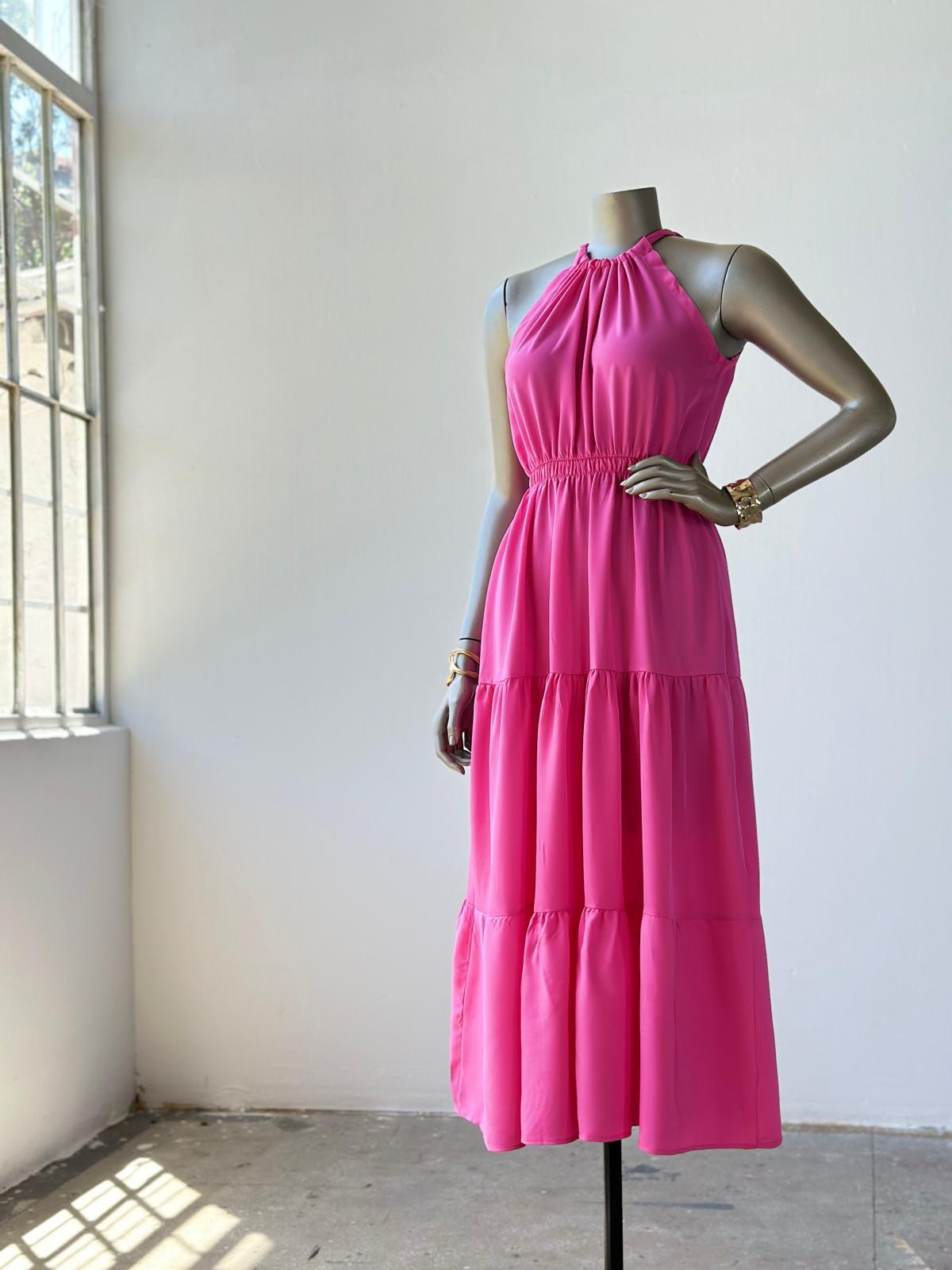Halter Yaka Belden Lastikli Elbise (Pembe)