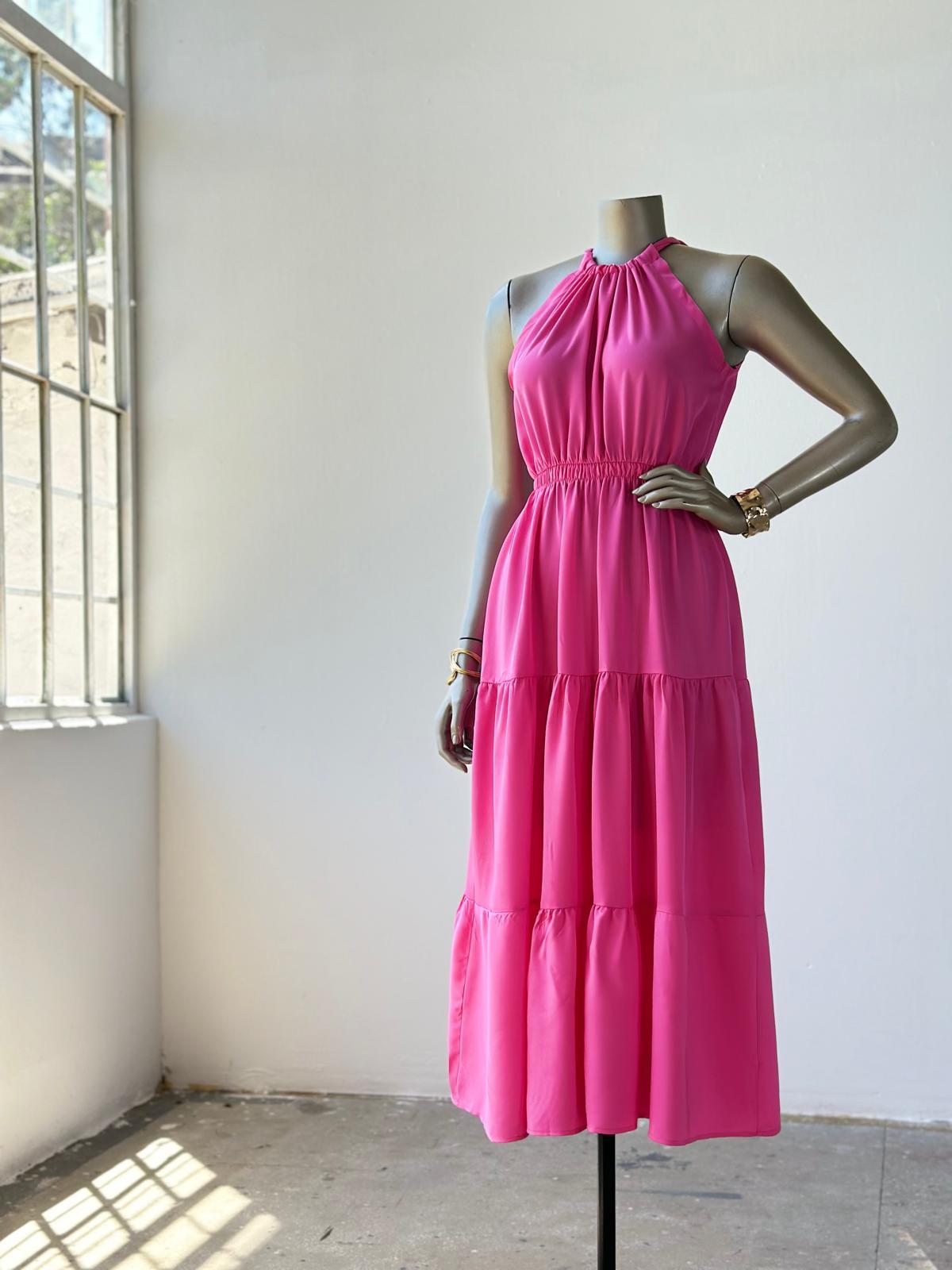 Halter Yaka Belden Lastikli Elbise (Pembe)