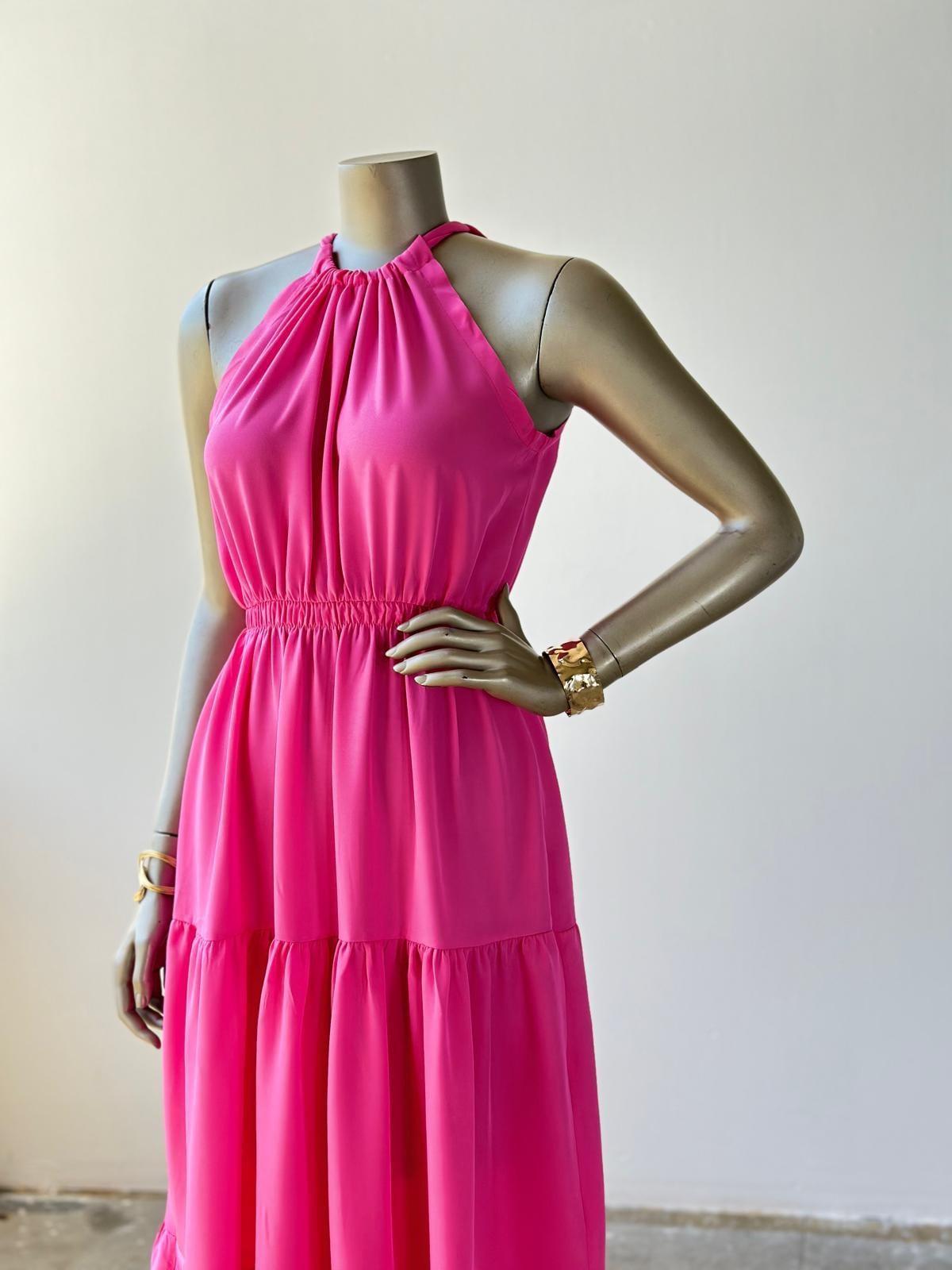 Halter Yaka Belden Lastikli Elbise (Pembe)