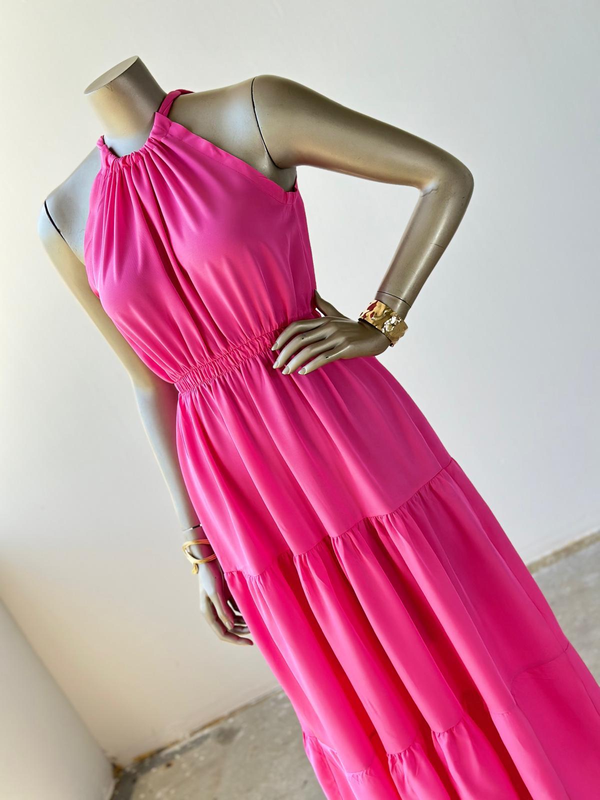 Halter Yaka Belden Lastikli Elbise (Pembe)