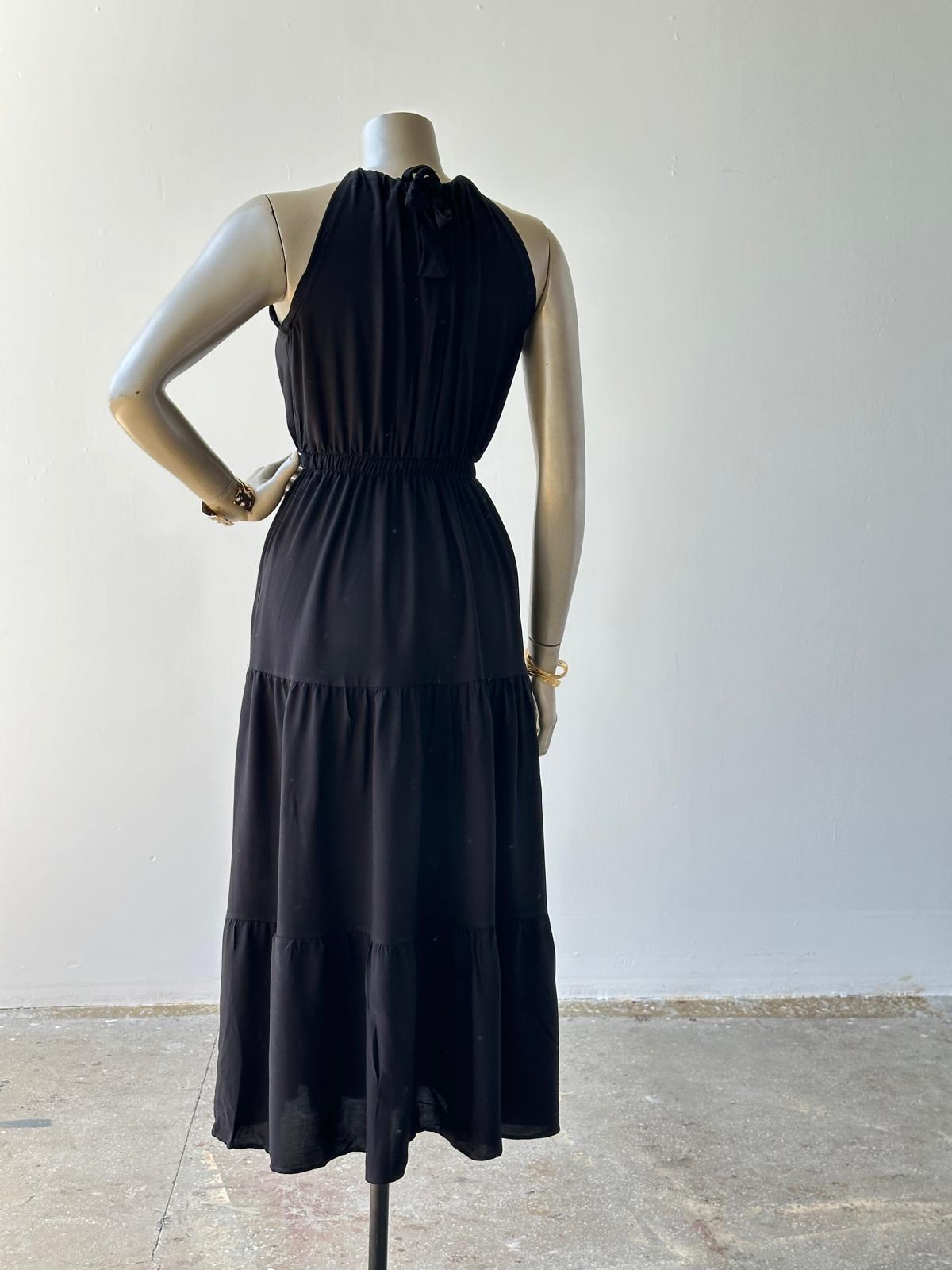 Halter Yaka Belden Lastikli Elbise (Siyah)