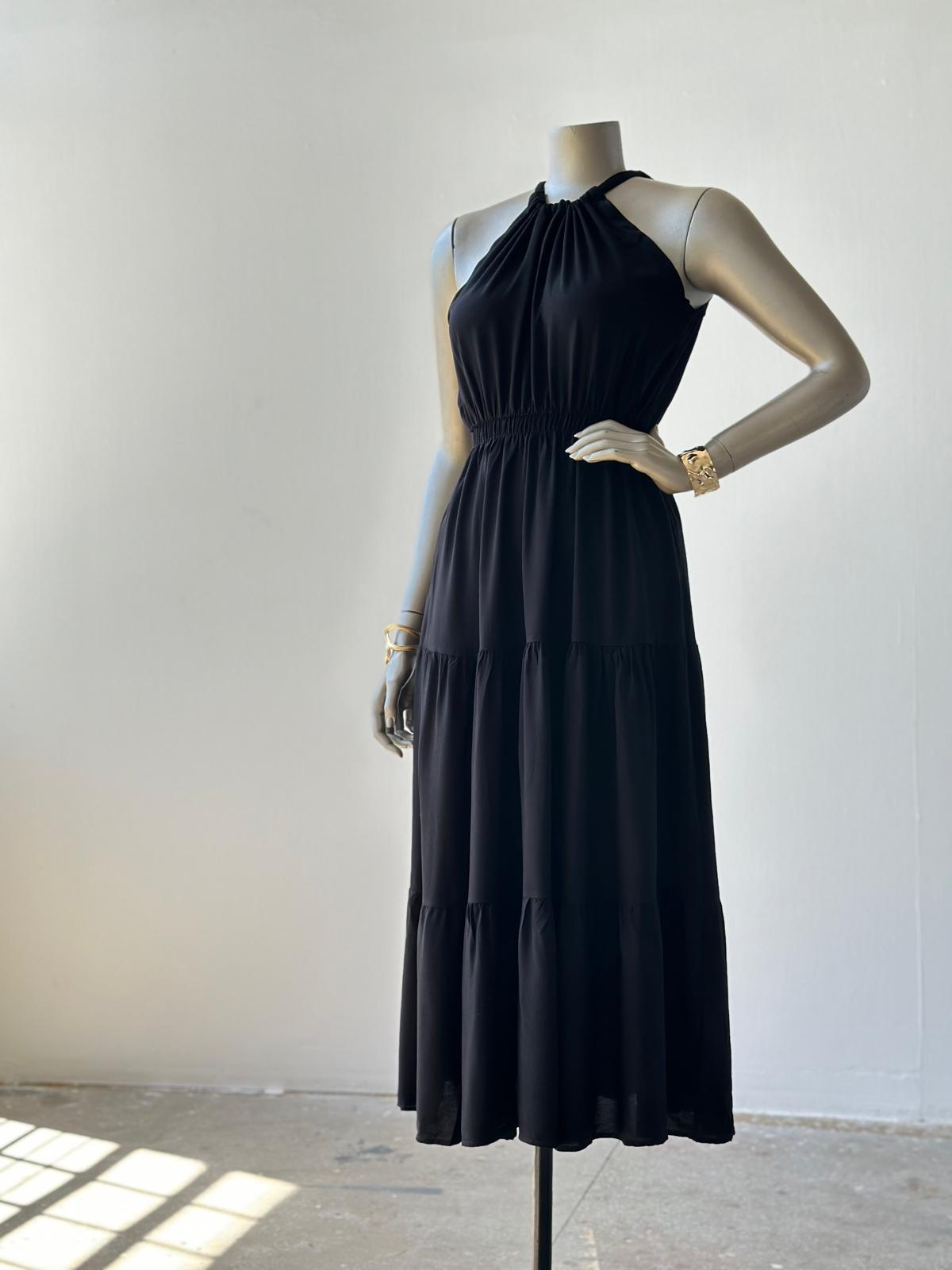 Halter Yaka Belden Lastikli Elbise (Siyah)