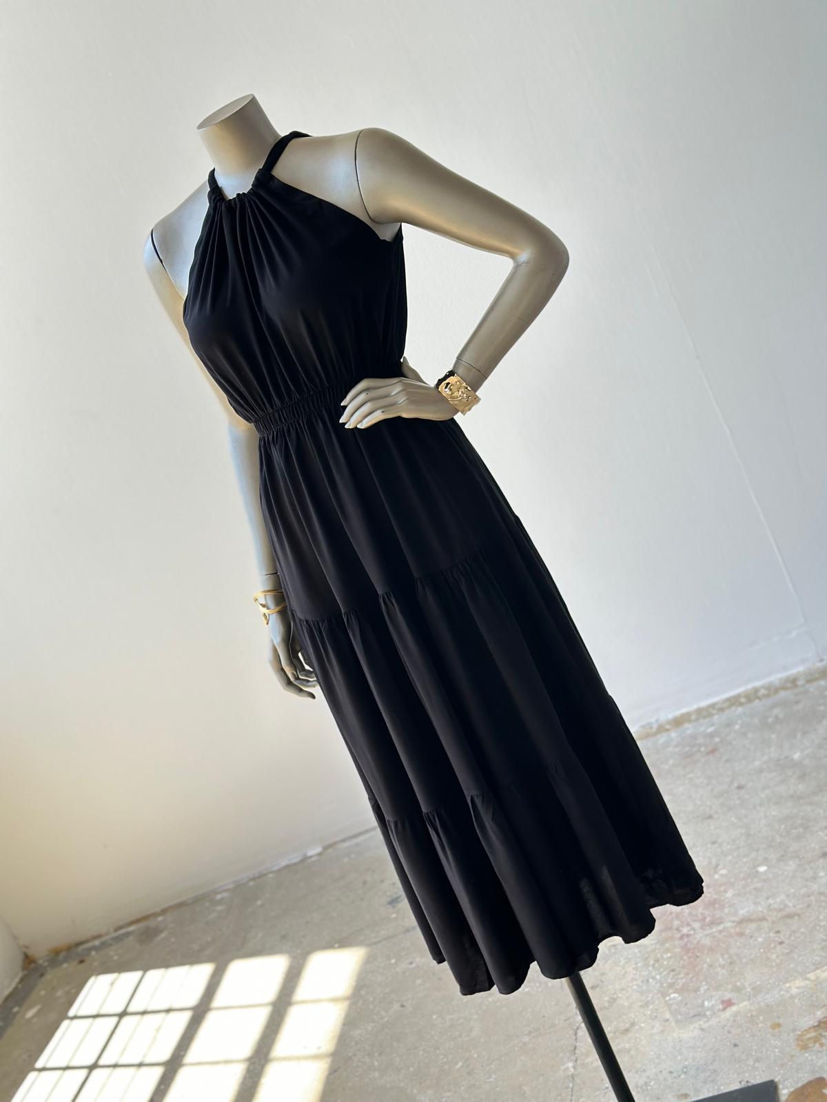 Halter Yaka Belden Lastikli Elbise (Siyah)