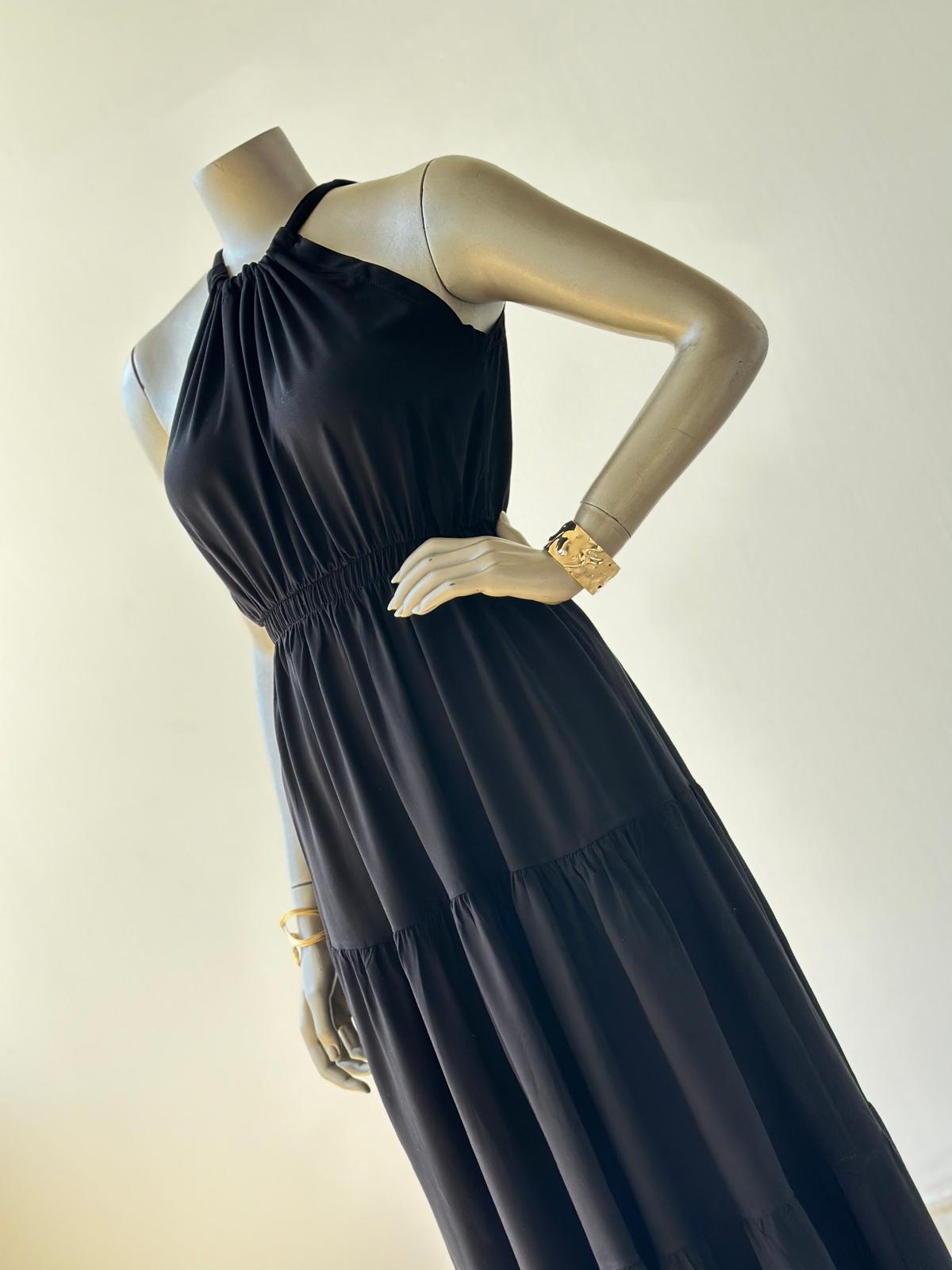 Halter Yaka Belden Lastikli Elbise (Siyah)
