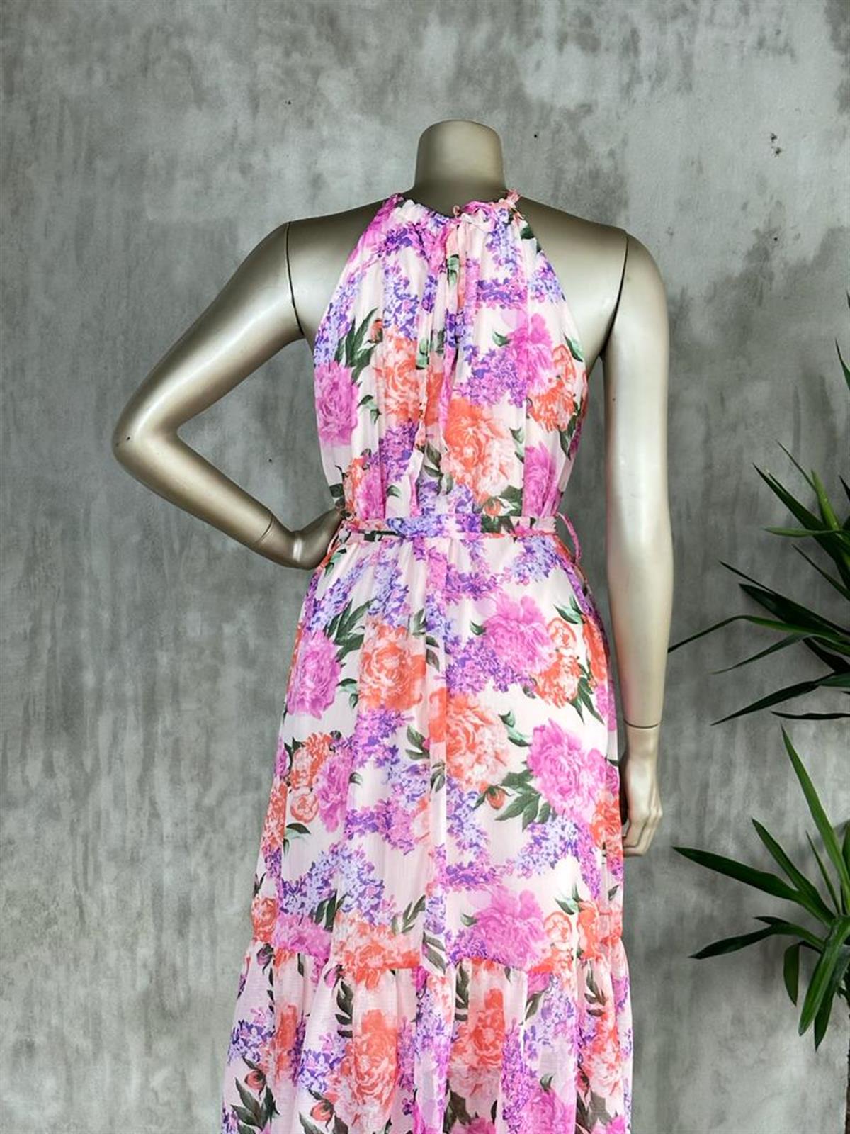 Halter Yaka Çiçekli Elbise (Pembei)