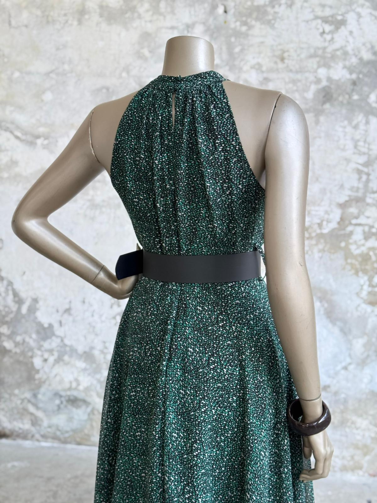 Halter Yaka Desenli Kemerli Şifon Elbise (Mavi)