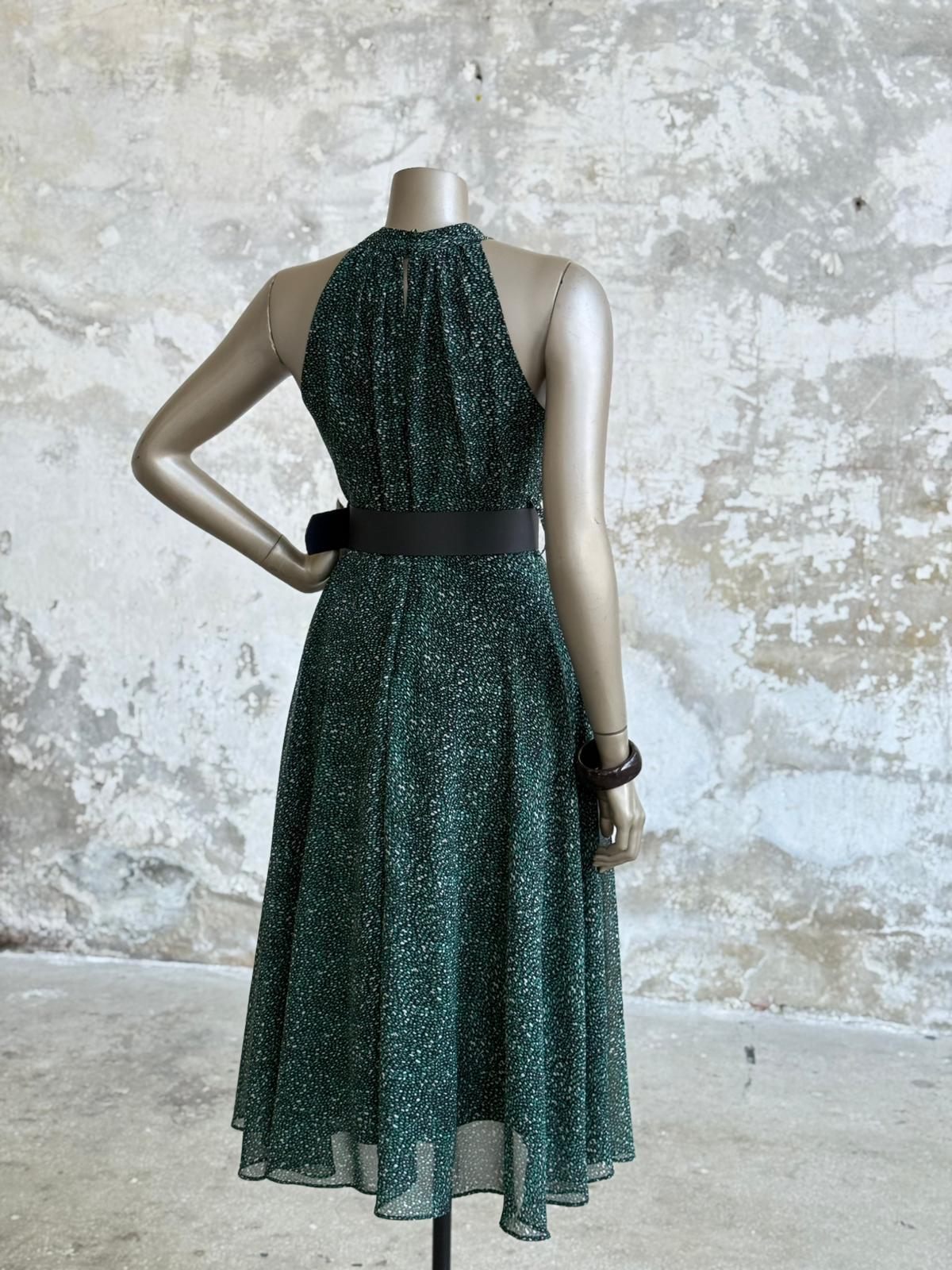 Halter Yaka Desenli Kemerli Şifon Elbise (Mavi)