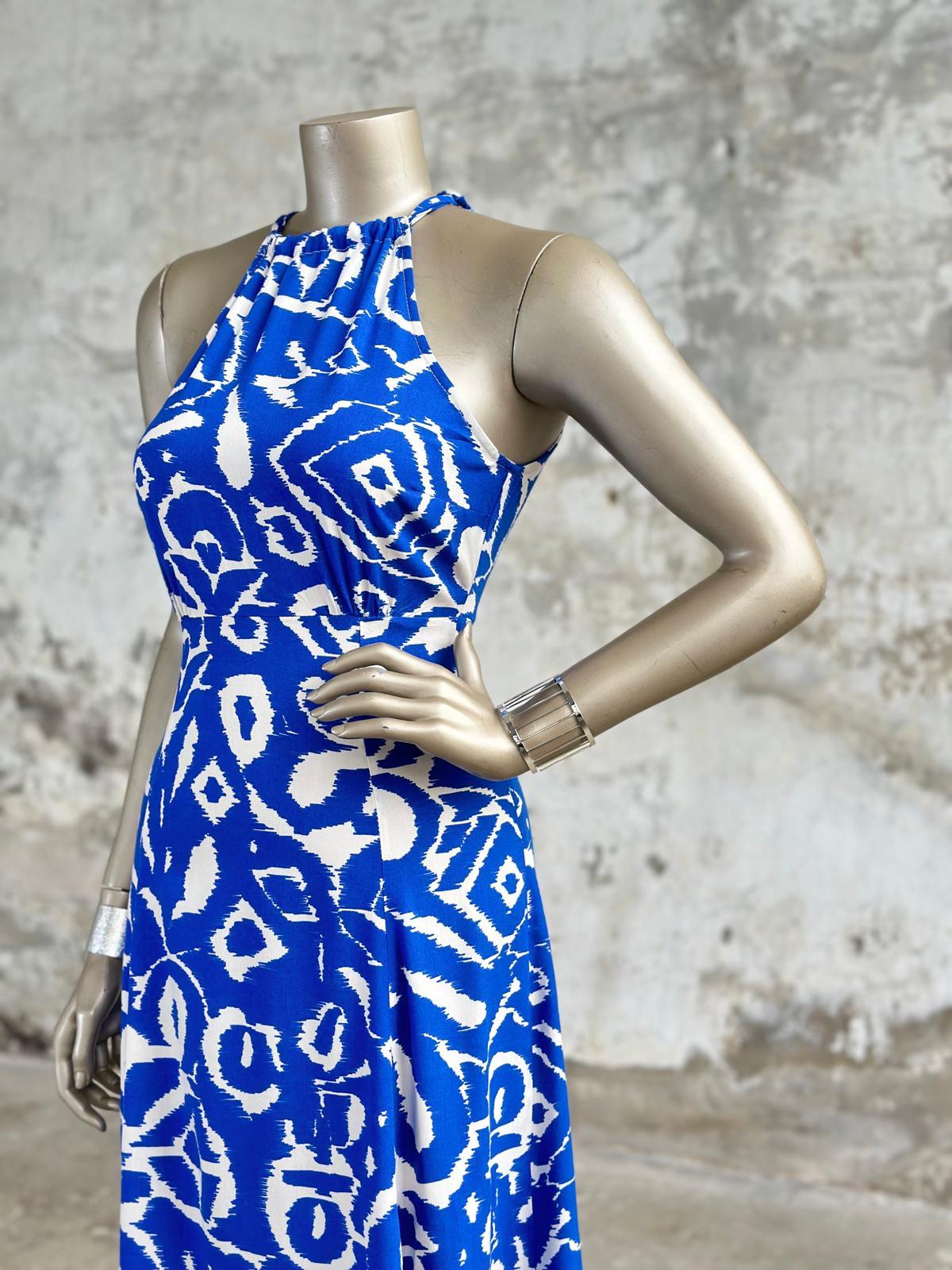 Halter Yaka Desenli Keten Elbise (Saks)