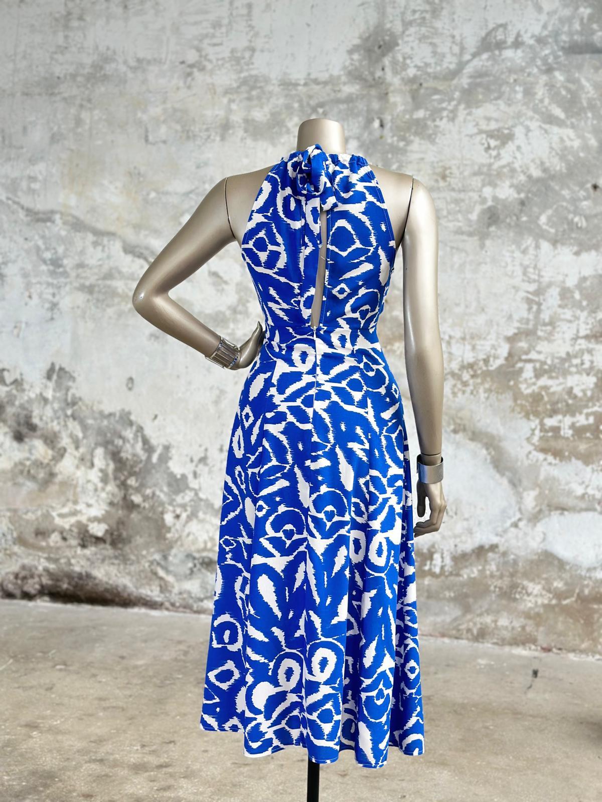 Halter Yaka Desenli Keten Elbise (Saks)
