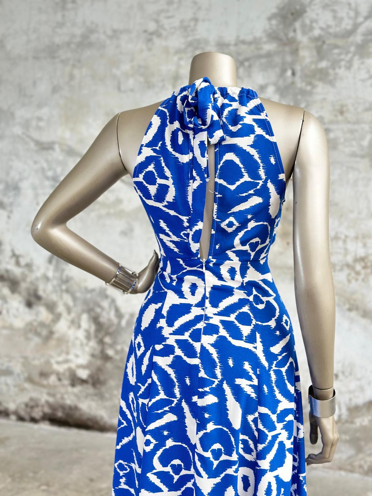 Halter Yaka Desenli Keten Elbise (Saks)
